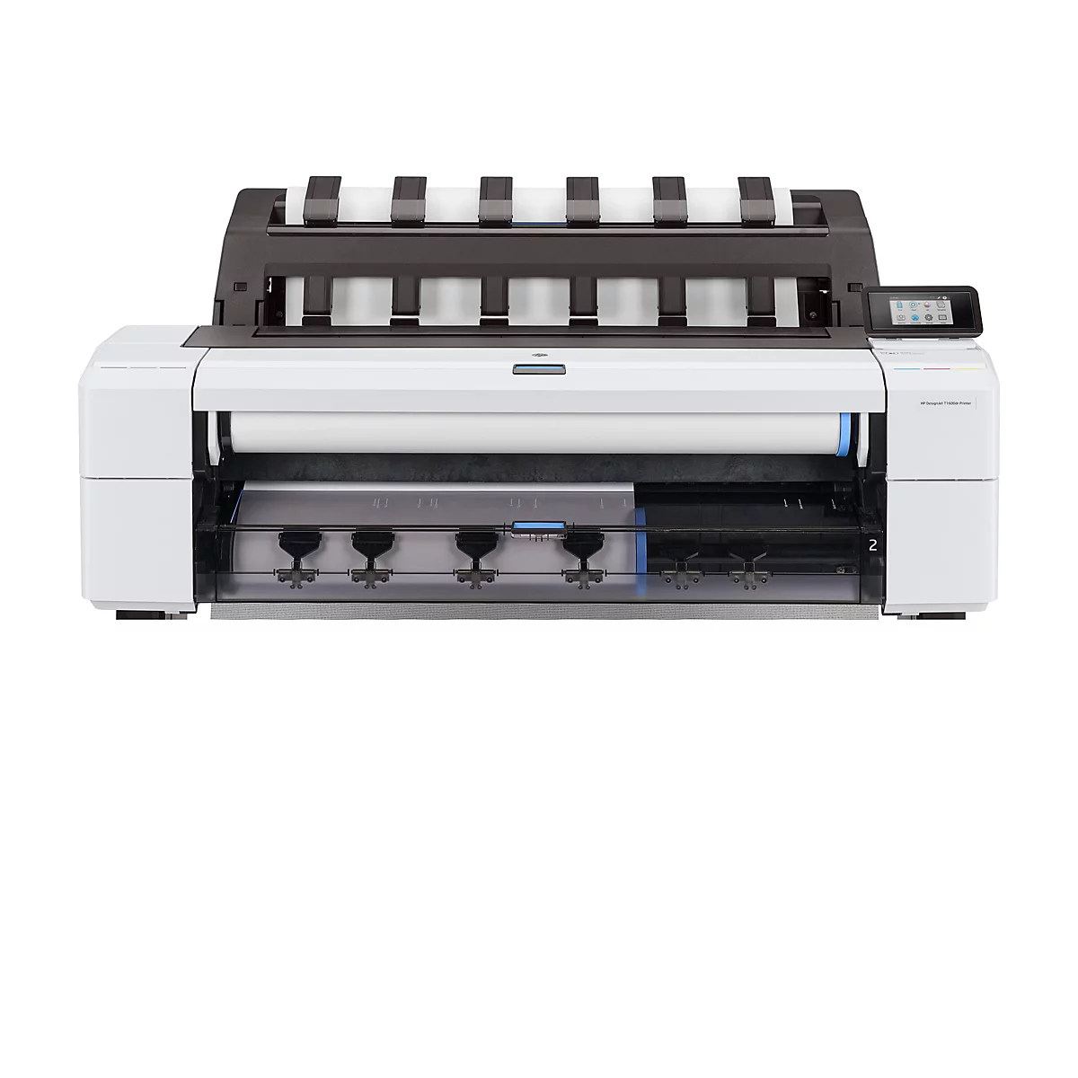 Ein weißer HP DesignJet T1600dr-Drucker mit schwarzem Bedienteil und Papierrollen. Auf dem Display werden verschiedene Funktionen angezeigt.