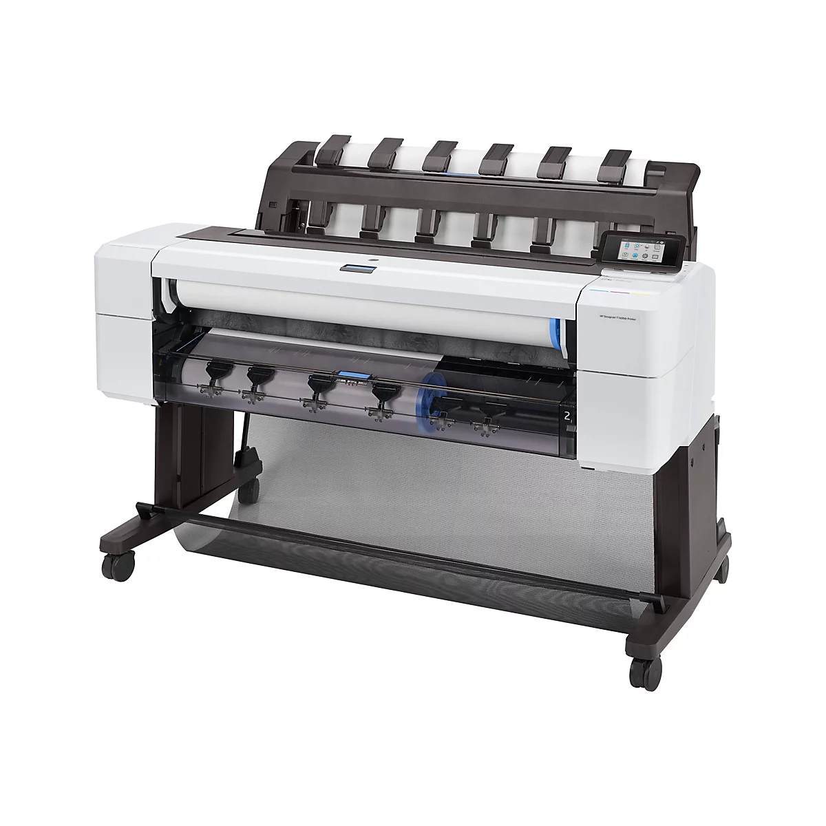 Weißer HP DesignJet T1600dr Großformatdrucker mit Display, Rollenhalter und Auffangvorrichtung, vor weißem Hintergrund.