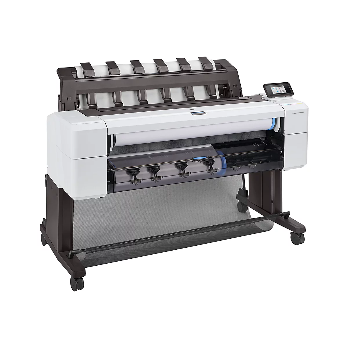 Großformatdrucker, weiß und dunkelgrau, mit Papierrollen, Display und Rollen-Untergestell.