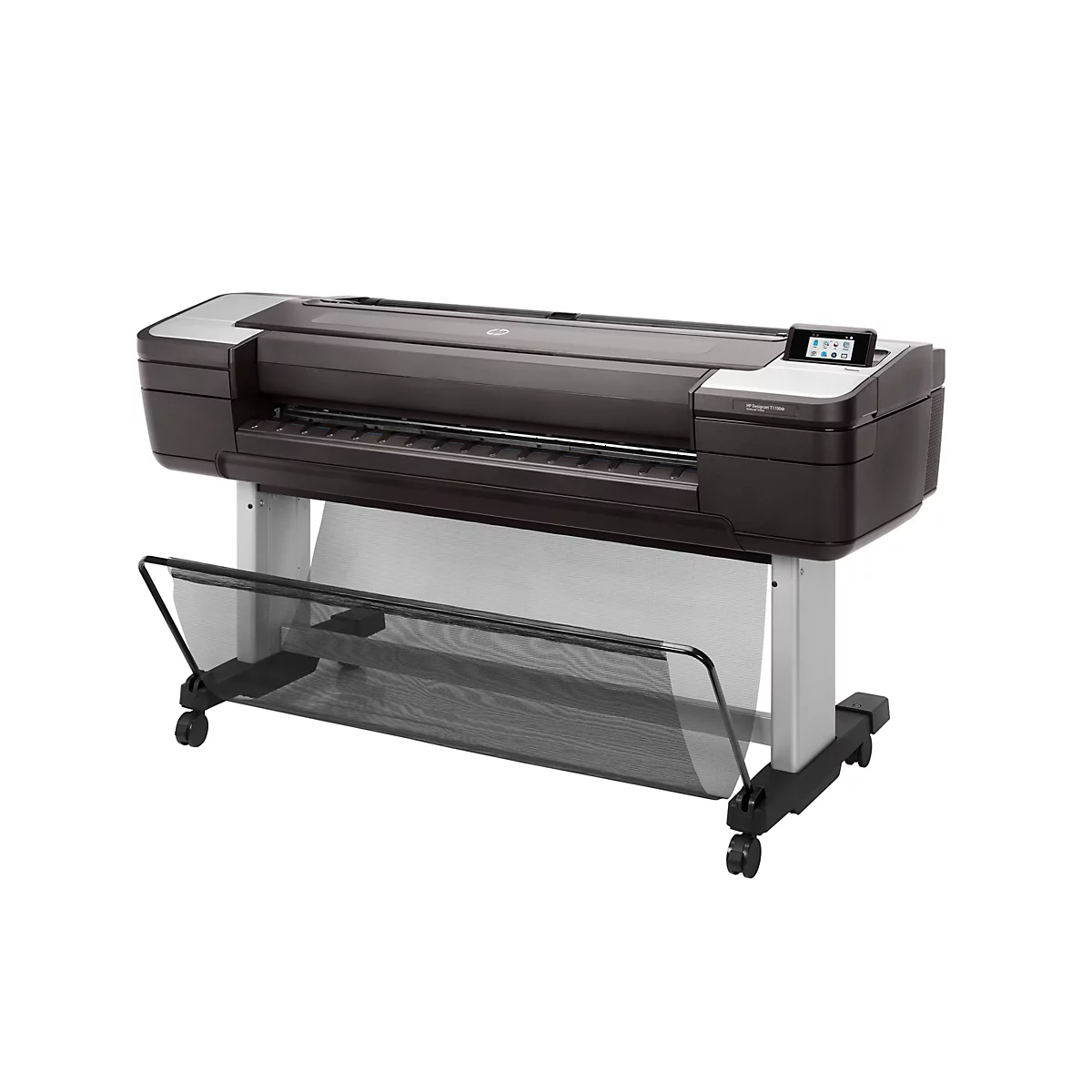 Großer, schwarzer Drucker mit Display und Rollen. Auffangkorb aus schwarzem Netz unterhalb.