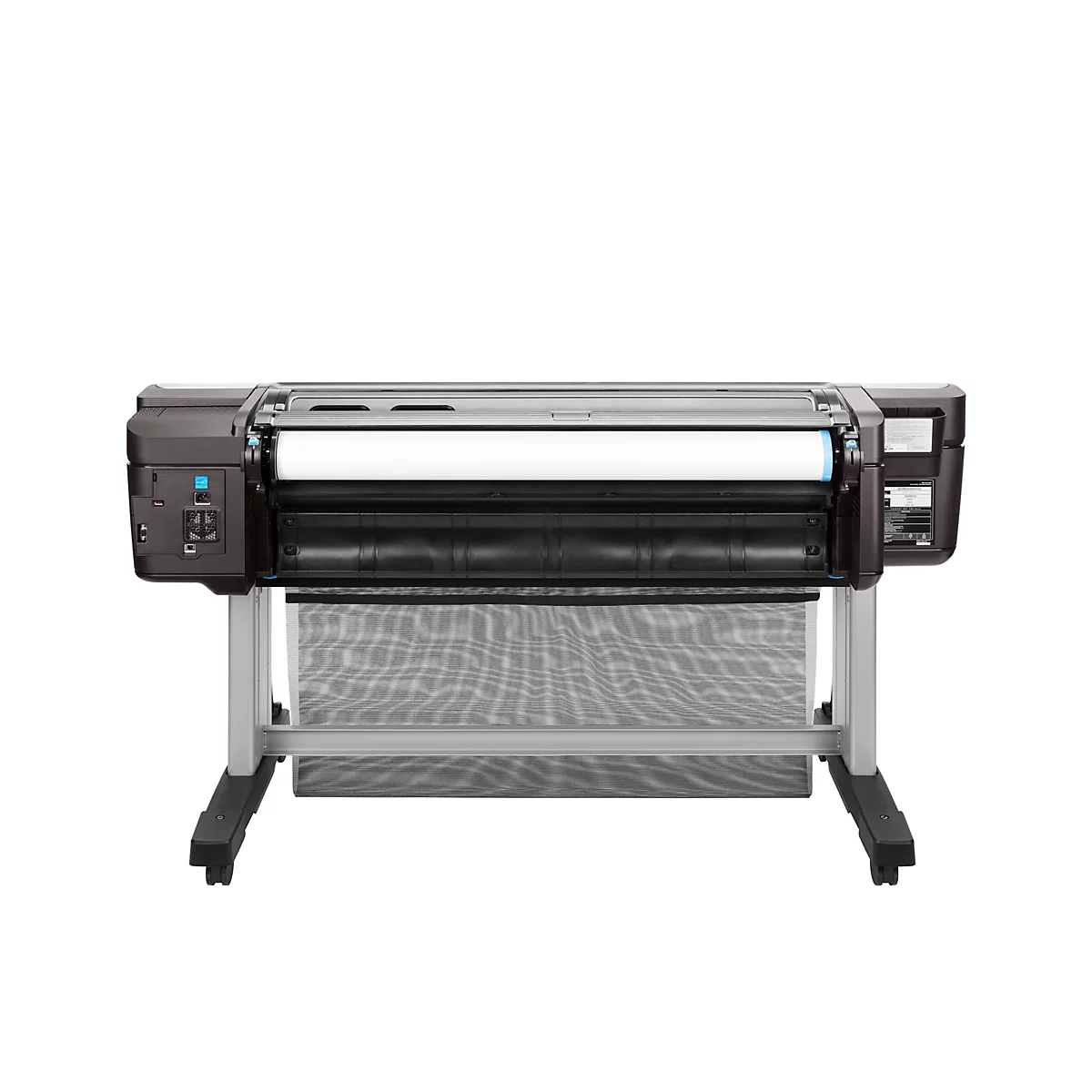 Ein grossformatiger Drucker vor weissem Hintergrund. Auf einer schwarzen Grundplatte ist weisses Papier eingerollt. Darunter ein schwarzes Auffangnetz.