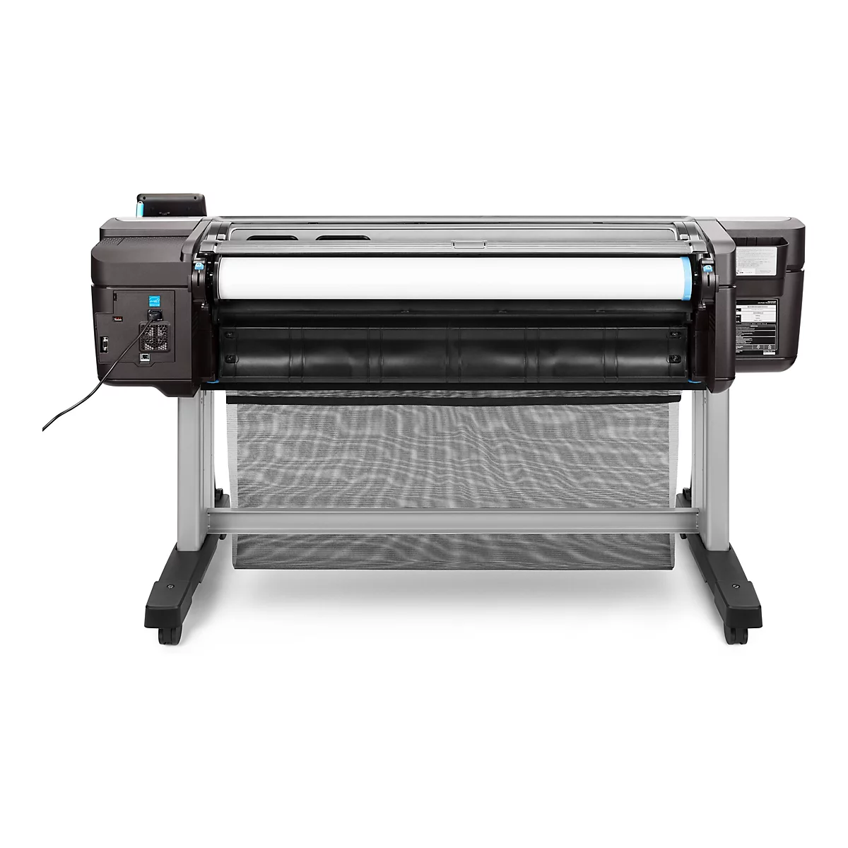 Großer, schwarzer Großformatdrucker mit weißer Papierrolle. Darunter ein schwarzes Netz. Auf silbernem Gestell mit Rollen.