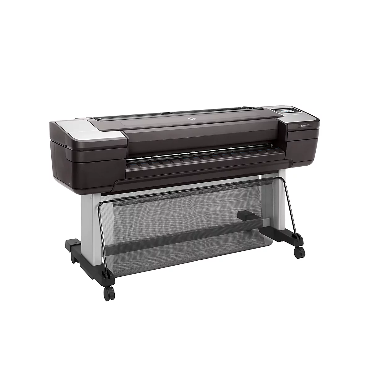 Ein dunkelbrauner Großformatdrucker auf einem Gestell mit Netzkorb, HP-Logo.
