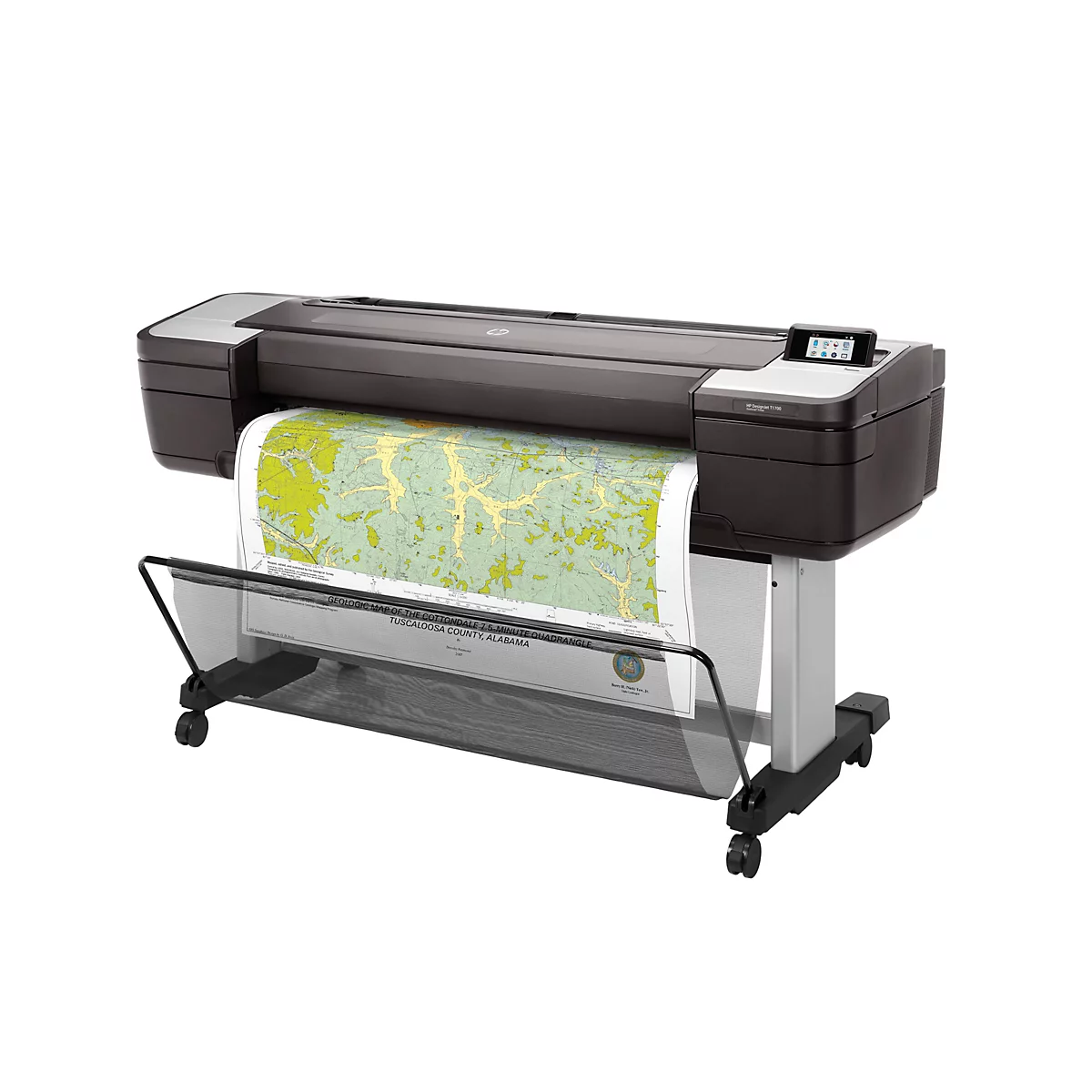 Ein großer, grauer HP DesignJet-Drucker mit einer farbigen Karte, die er ausdruckt. Schwarzes Gestell mit Rollen, der Drucker ist weißem Hintergrund.