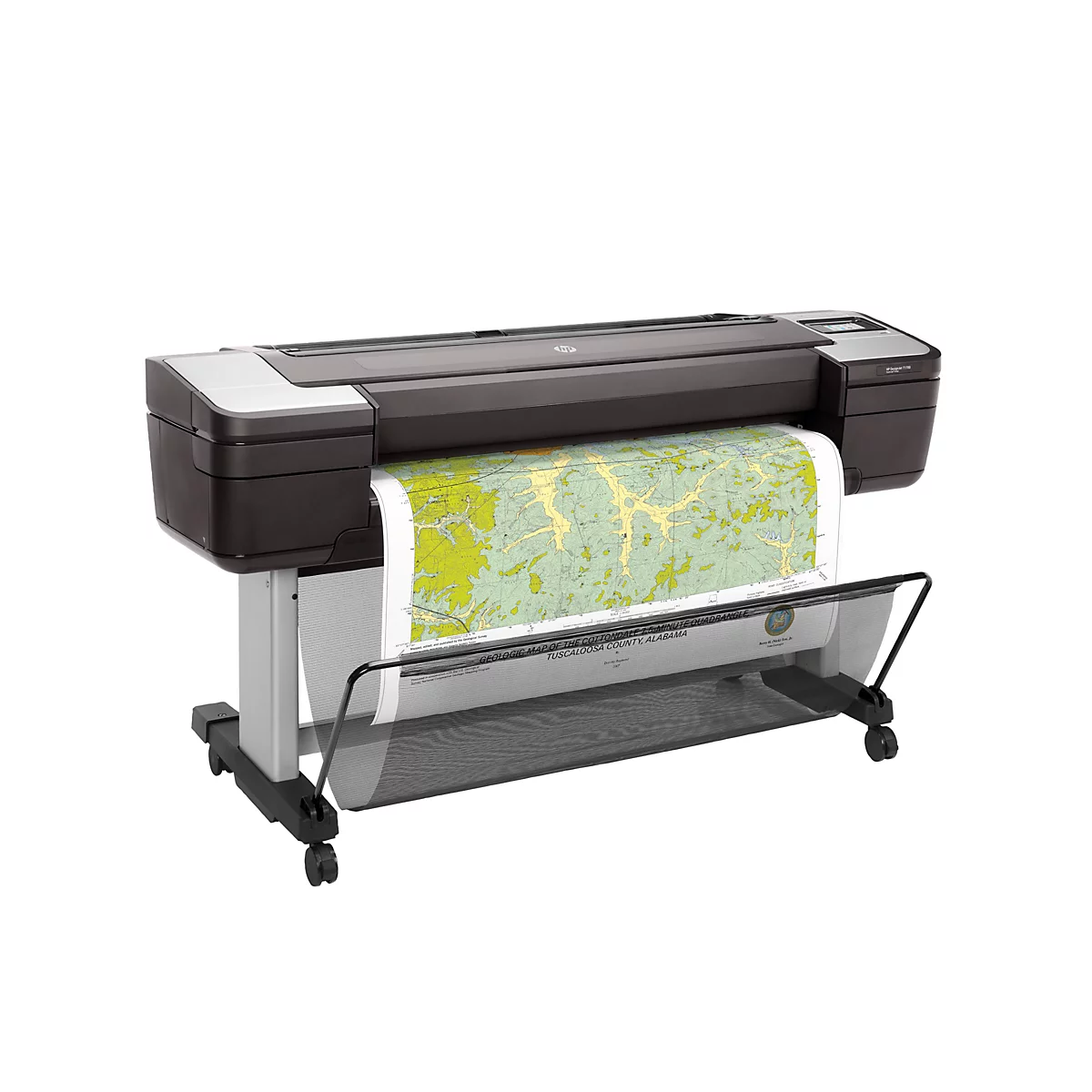 Ein Großformatdrucker mit einer farbigen Karte im Druck. Auf dem Drucker steht HP Designjet T1700.