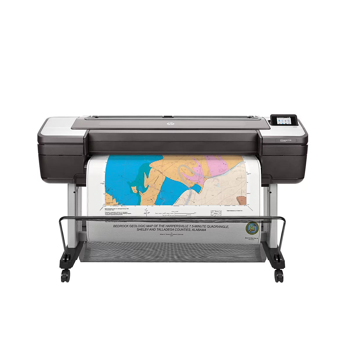 Ein weiß-grauer HP DesignJet T1700 Drucker mit einer farbigen geologischen Karte, die herauskommt. Der Drucker steht auf einem Rollgestell.