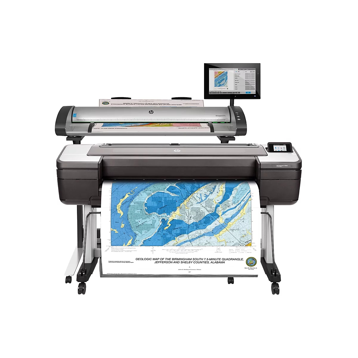 Ein HP Designjet T1700dr Großformatdrucker mit einem angebrachten HP Designjet SD Pro Scanner. Auf dem Tisch wird eine geologische Karte gedruckt.