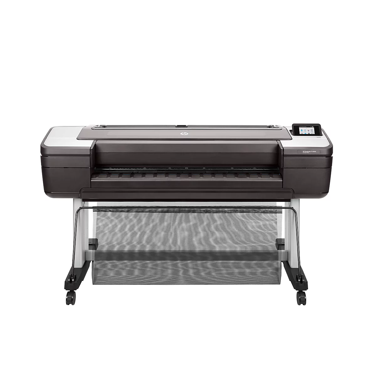 Ein großformatiger Drucker HP Designjet T1700dr, weiß und dunkelgrau. Auf Rädern, mit Bedienfeld und Papiersammelvorrichtung.