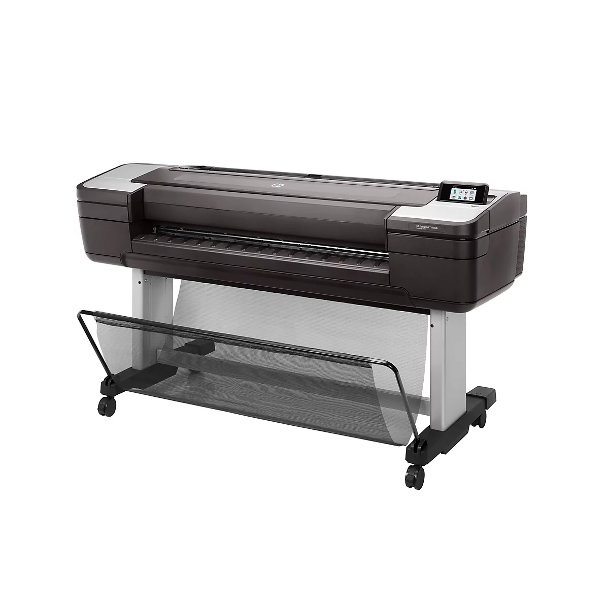 Großer, dunkler HP Designjet T1700dr Drucker. Drucker auf einem Gestell mit Auffangkorb. Kleines Display rechts.