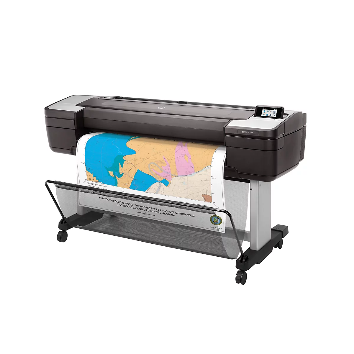 Ein großes, graues HP DesignJet T1700-Plottergerät druckt eine farbige geologische Karte. Das Gerät steht auf einem weißen Hintergrund.