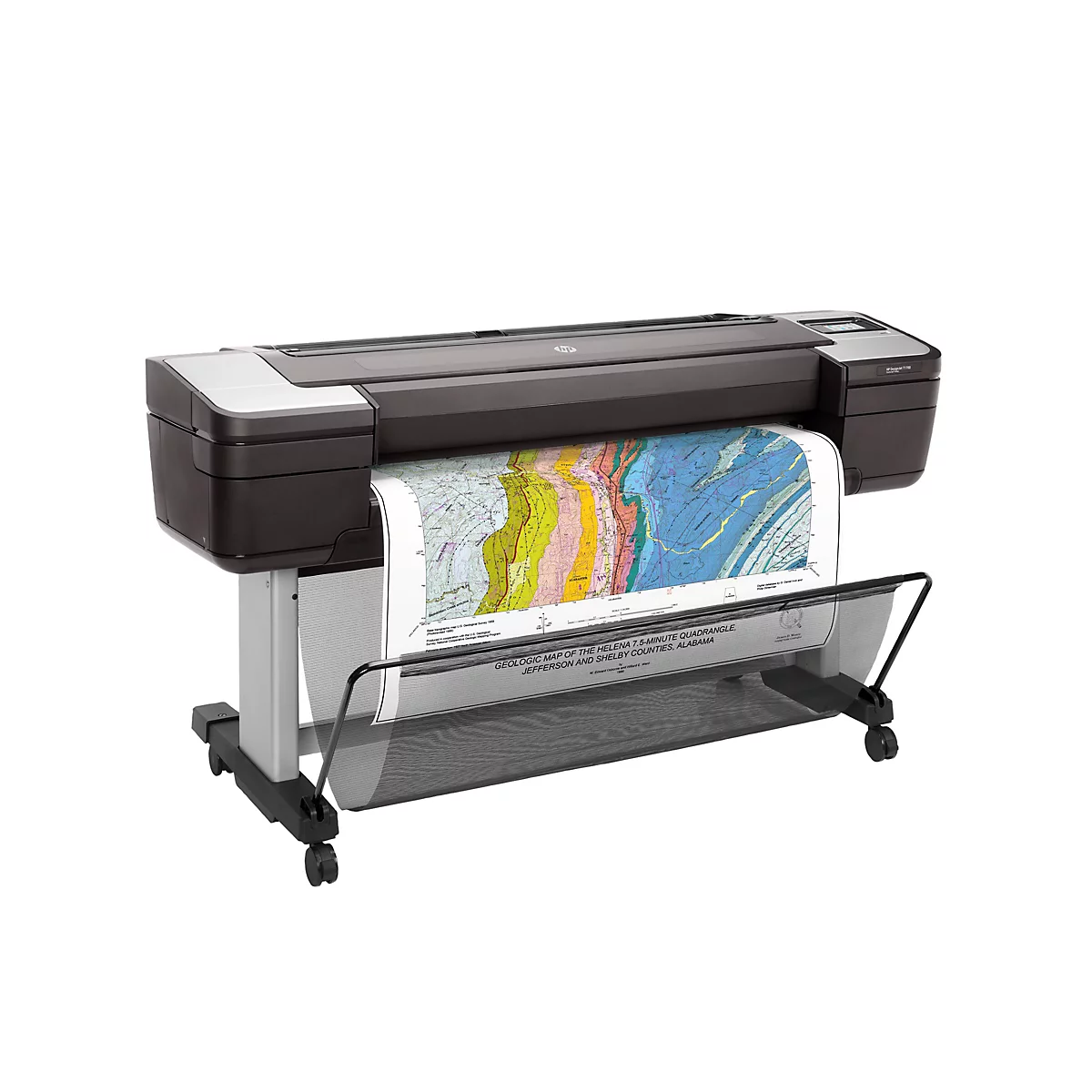 Ein großer, schwarzer HP Designjet T1700 Drucker druckt eine farbige geologische Karte. Die Karte zeigt verschiedene farbige Bereiche und Text mit Informationen.