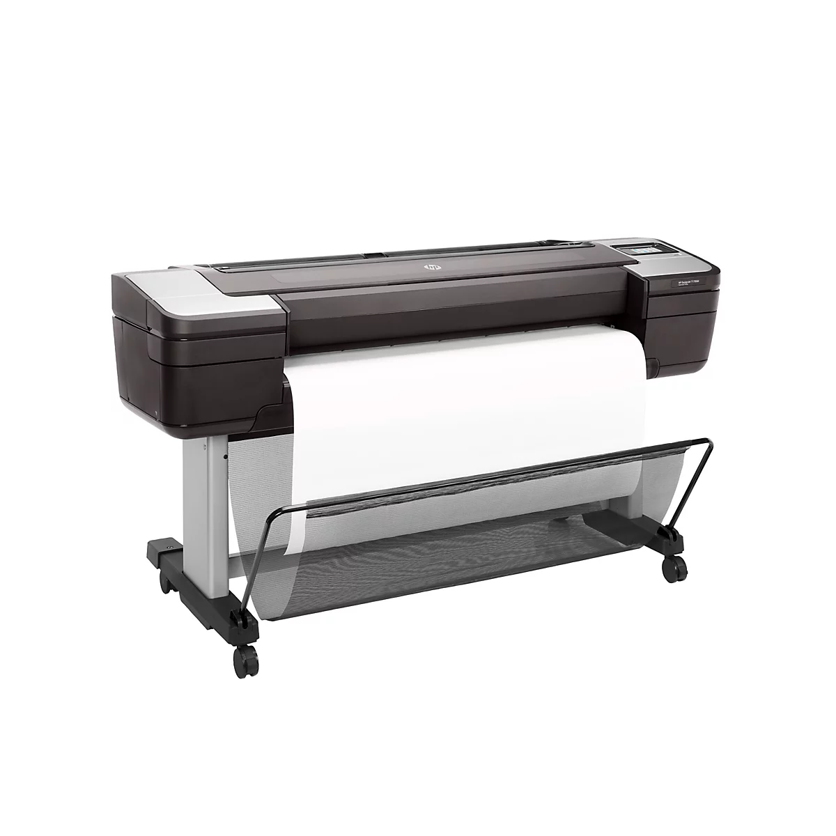 Großer, schwarzer HP-Plotter mit Papierausgabe. Unten Papierauffangbehälter, auf einem Wagen.