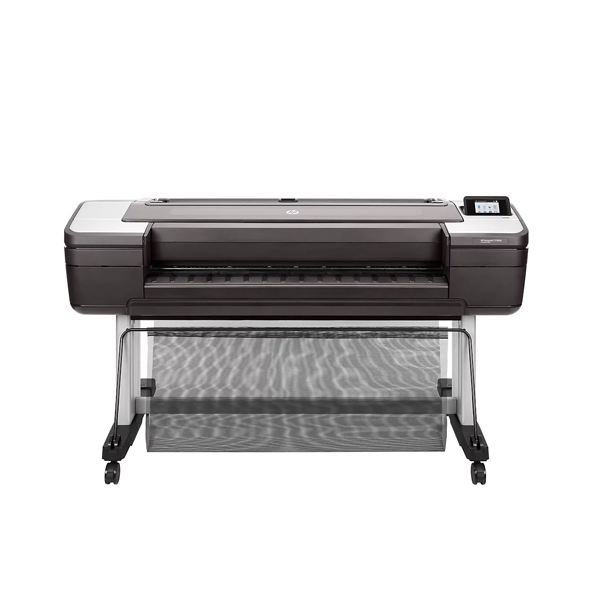 Ein großer, dunkler Tintenstrahldrucker, mit Display, auf Rollen. Auf dem Gerät ist „HP DesignJet T1700dr“ zu lesen.
