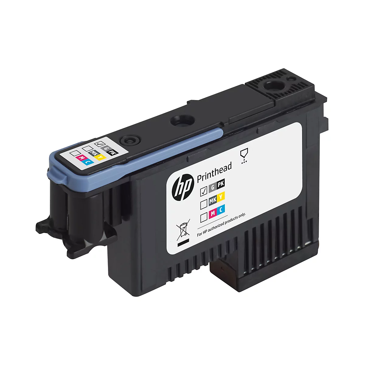 Eine Tintenpatrone der Marke HP. Sie hat eine rechteckige, schwarze Form. Auf der Patrone befinden sich farbige Markierungen für Tinte und das Logo des Herstellers.