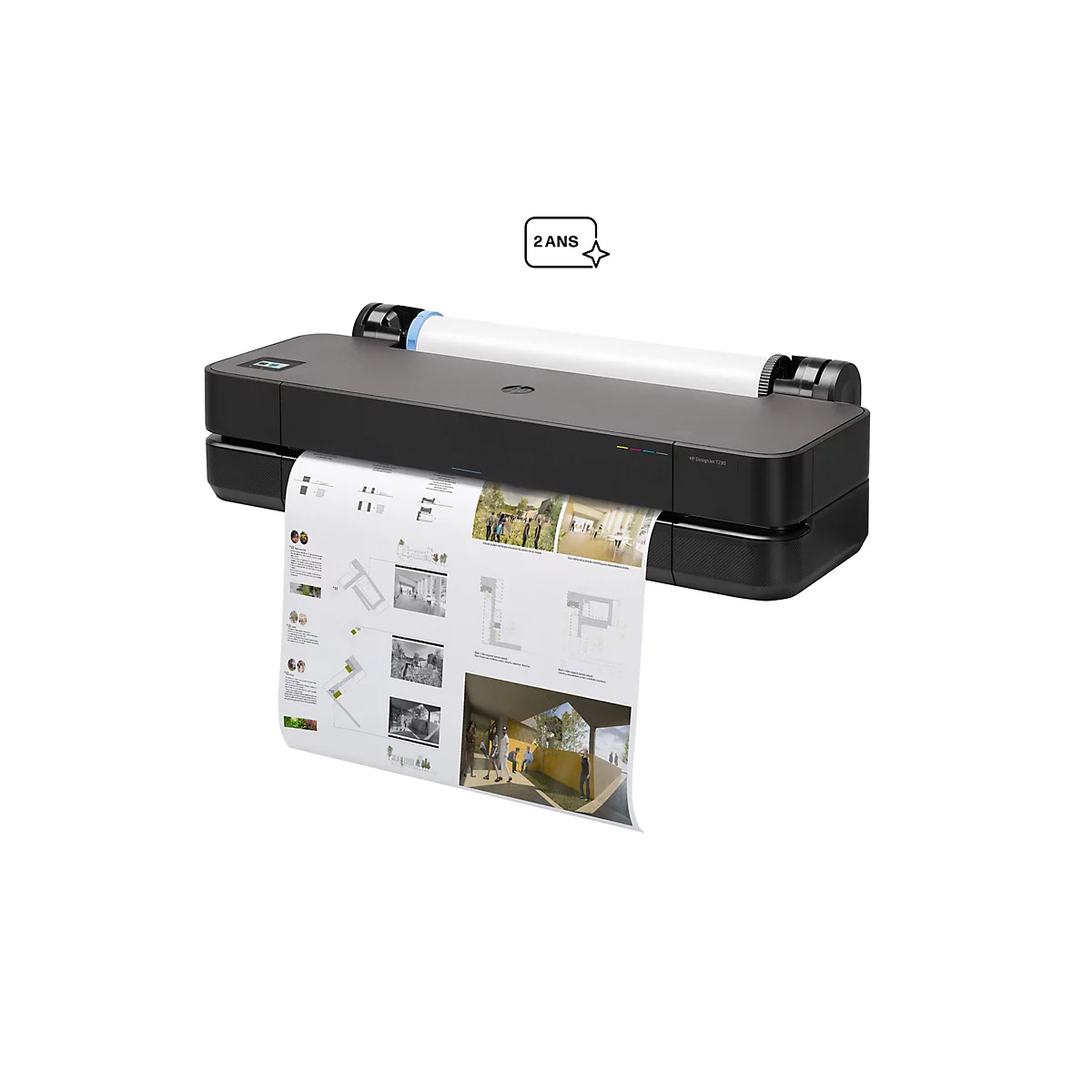 Schwarzer HP DesignJet T230 Großformatdrucker gibt ein bedrucktes Architekturblatt aus. Ein '2 ANS' Symbol schwebt darüber.