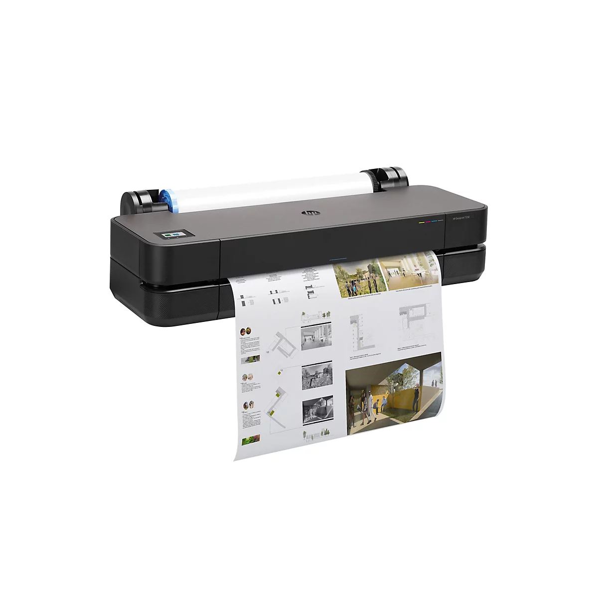 Ein schwarzer HP Designjet T230 Plotter mit einer Rolle Papier. Das Papier wird bedruckt und zeigt architektonische Zeichnungen.