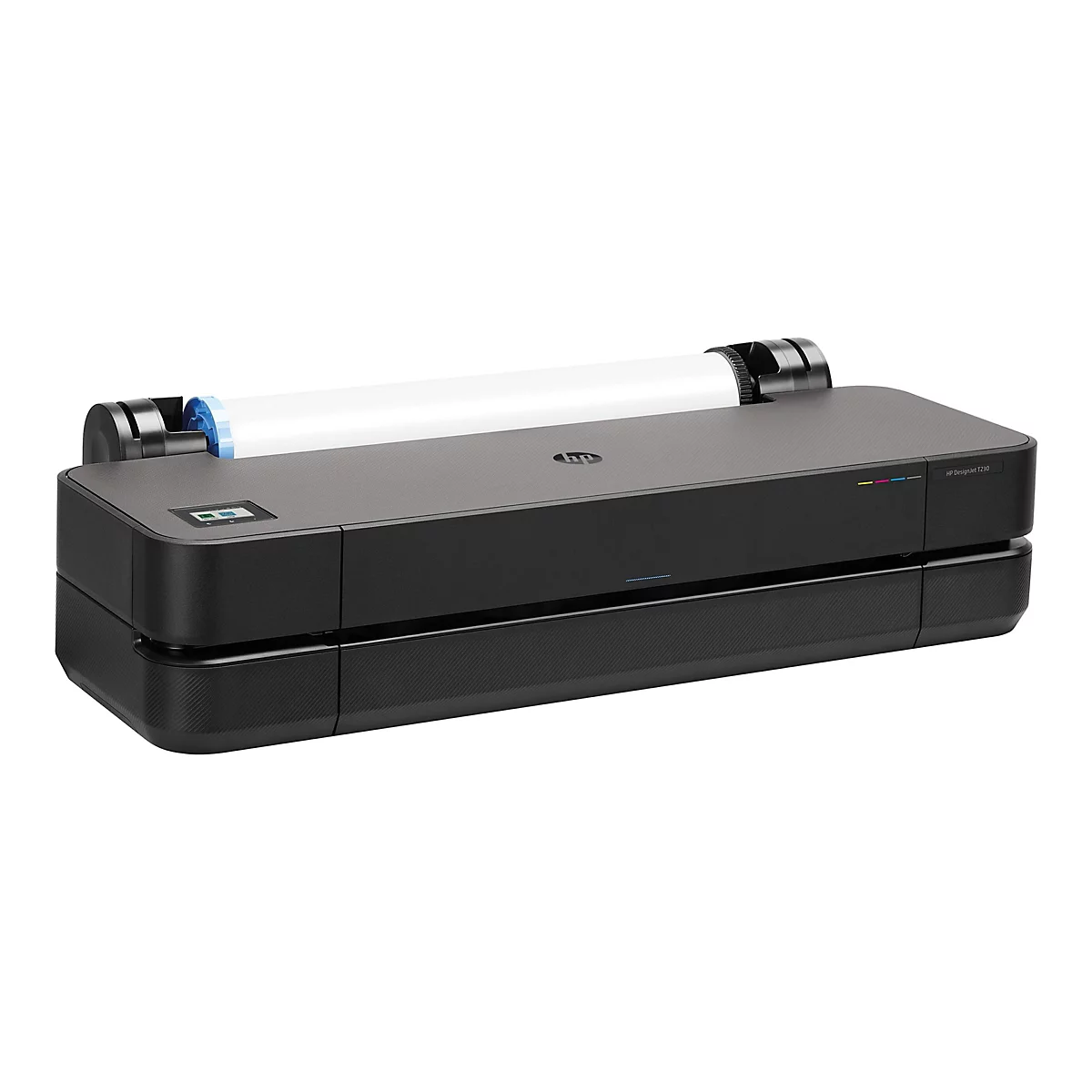 Schwarzer HP DesignJet T230 Großformatdrucker mit eingelegter Papierrolle vor weißem Hintergrund.