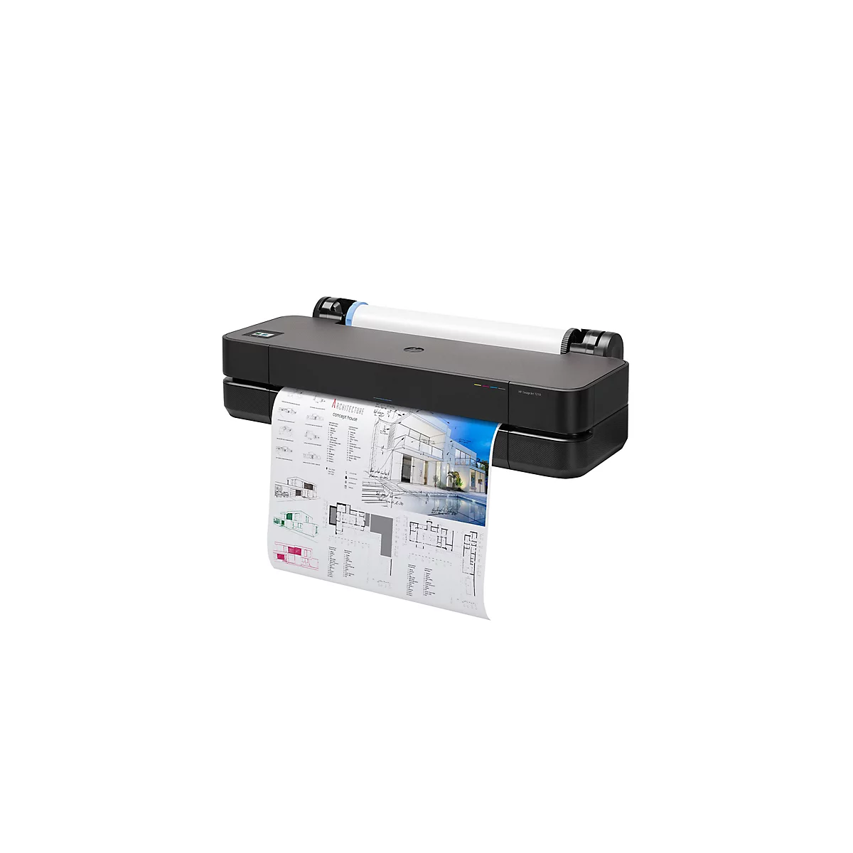 Schwarzer HP DesignJet T210 Großformatdrucker mit einer Rolle Papier, auf dem ein Architekturplan gedruckt wird.