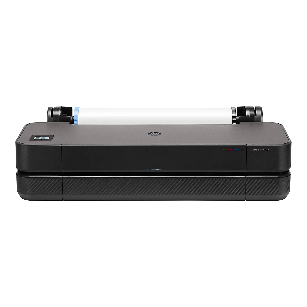 Schwarzer HP DesignJet T250 Drucker mit weißer Papierrolle. Aufdruck: HP DesignJet T250.