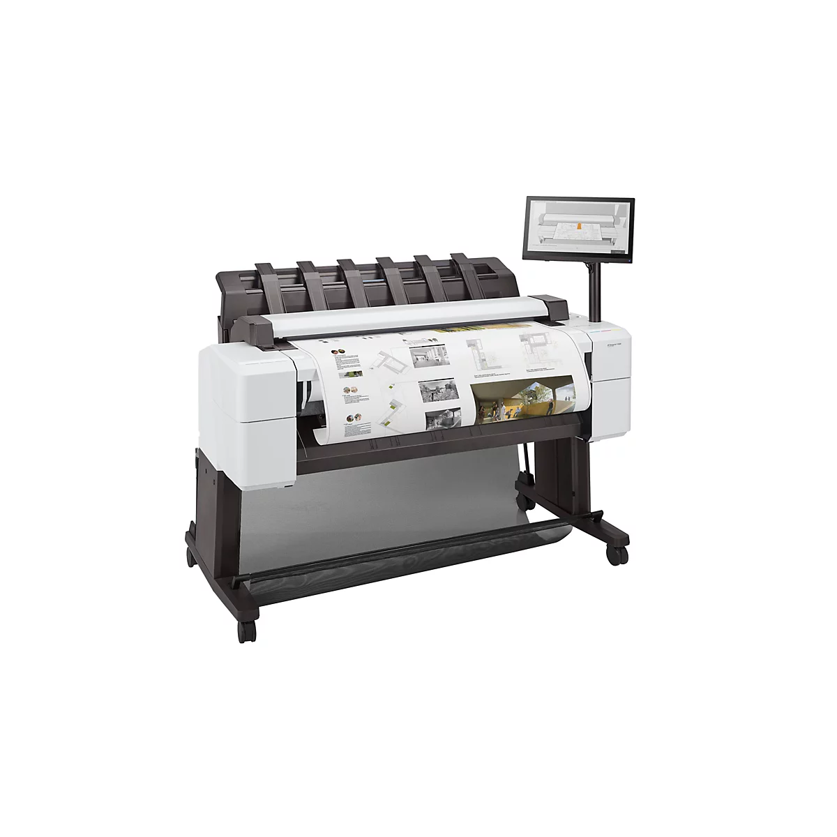 Großformatdrucker HP DesignJet T2600 mit Touchscreen-Monitor, auf Rollen, weißes Gehäuse mit schwarzem Gestell.