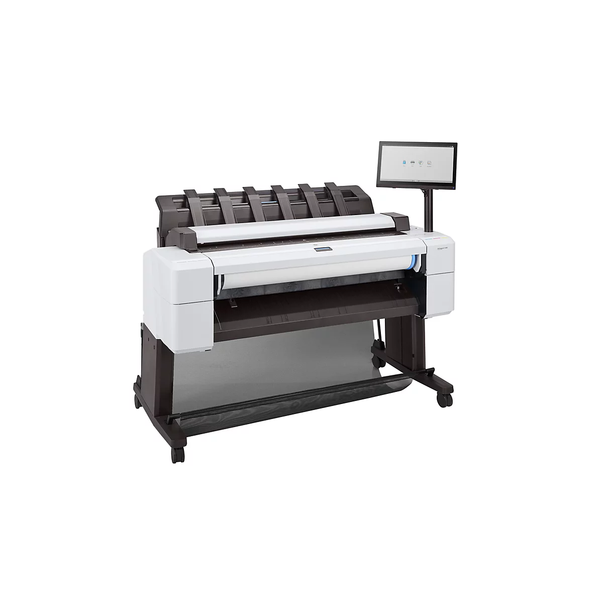 Großformatdrucker mit Touchscreen-Display auf einem rollbaren Standfuß, weißes Gehäuse mit schwarzen Akzenten.