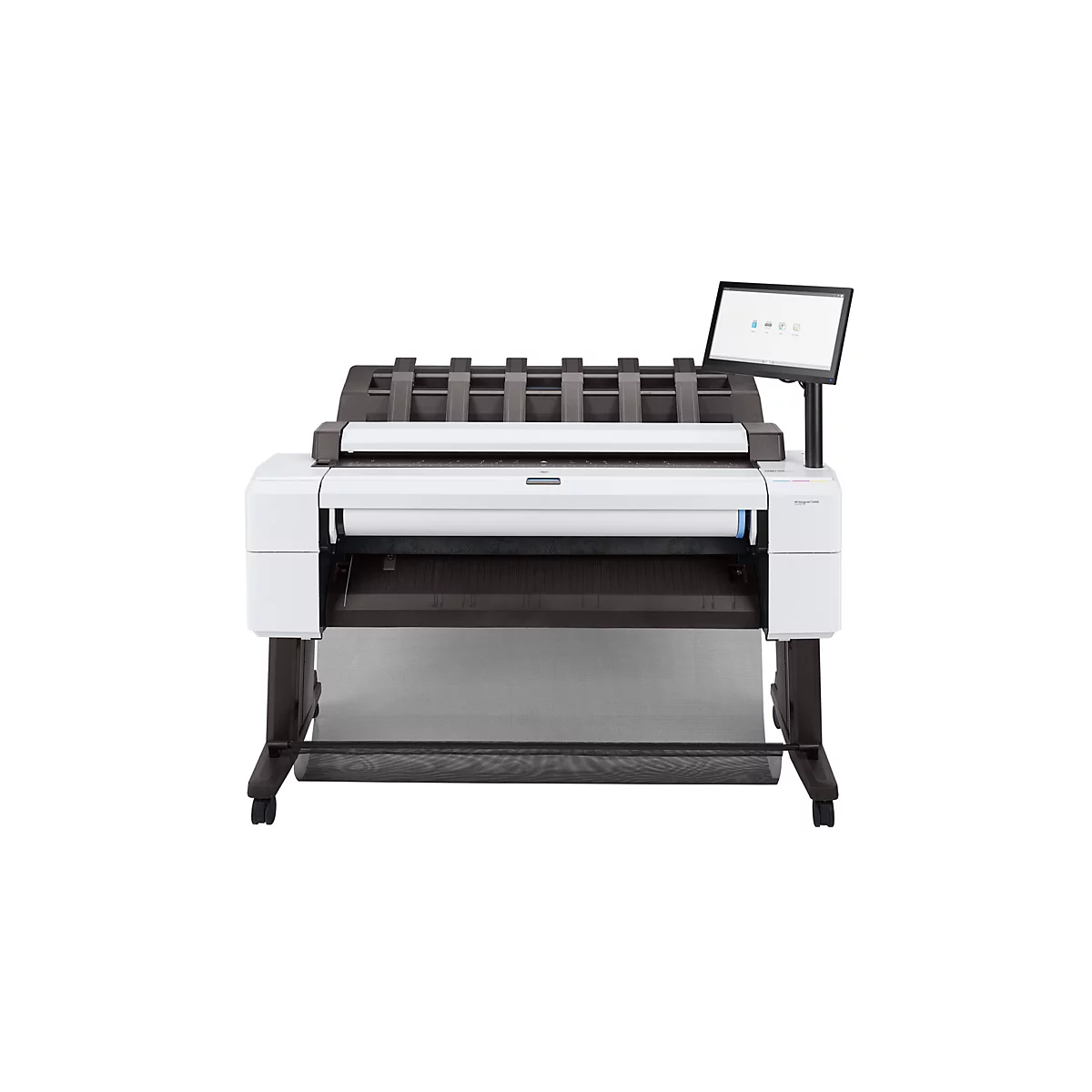 Großformatdrucker HP DesignJet T2600 in Weiß und Grau vor weißem Hintergrund mit Touchscreen-Display.