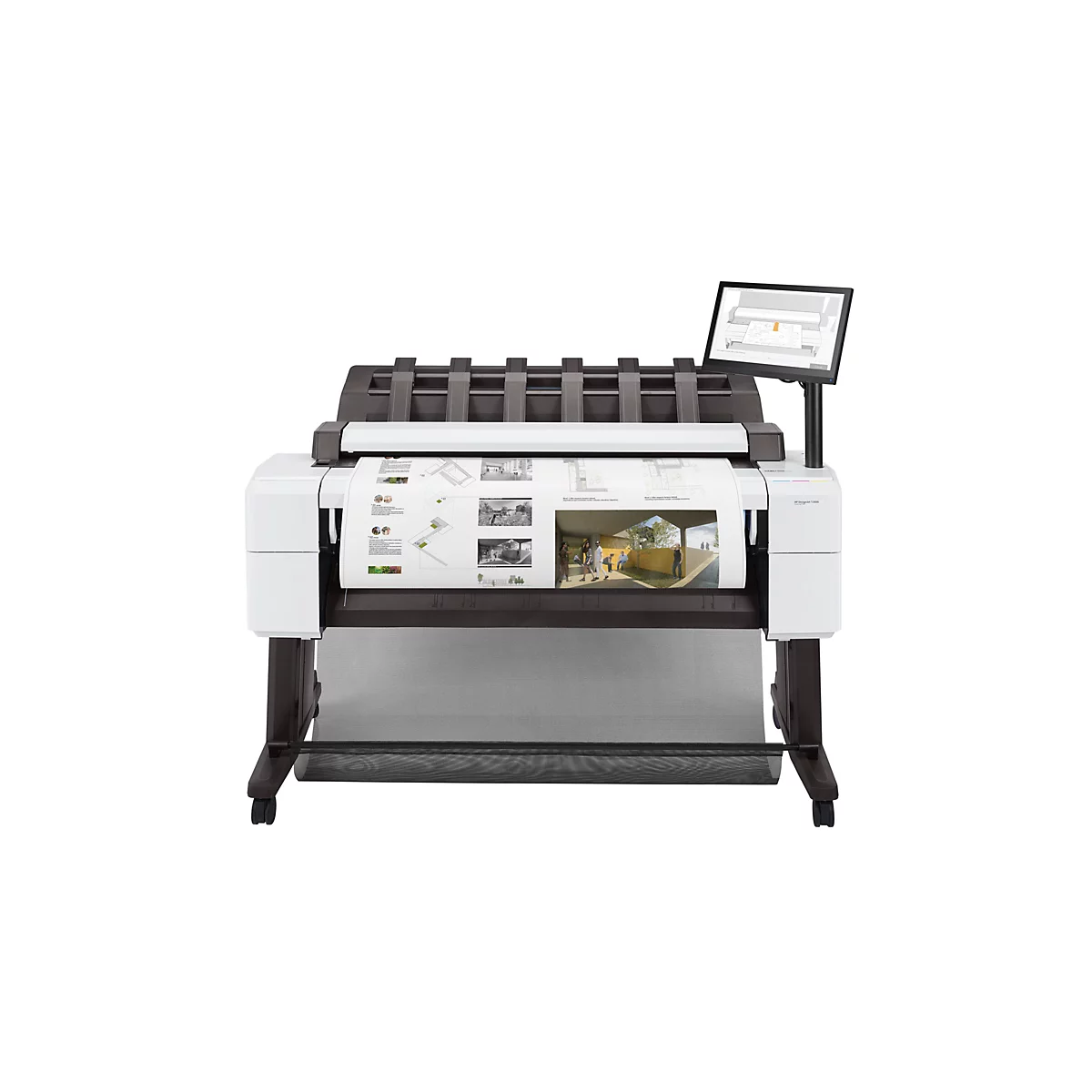 Großformatdrucker HP DesignJet T2600 mit bedrucktem Architekturplan und Touchscreen auf weißem Hintergrund.