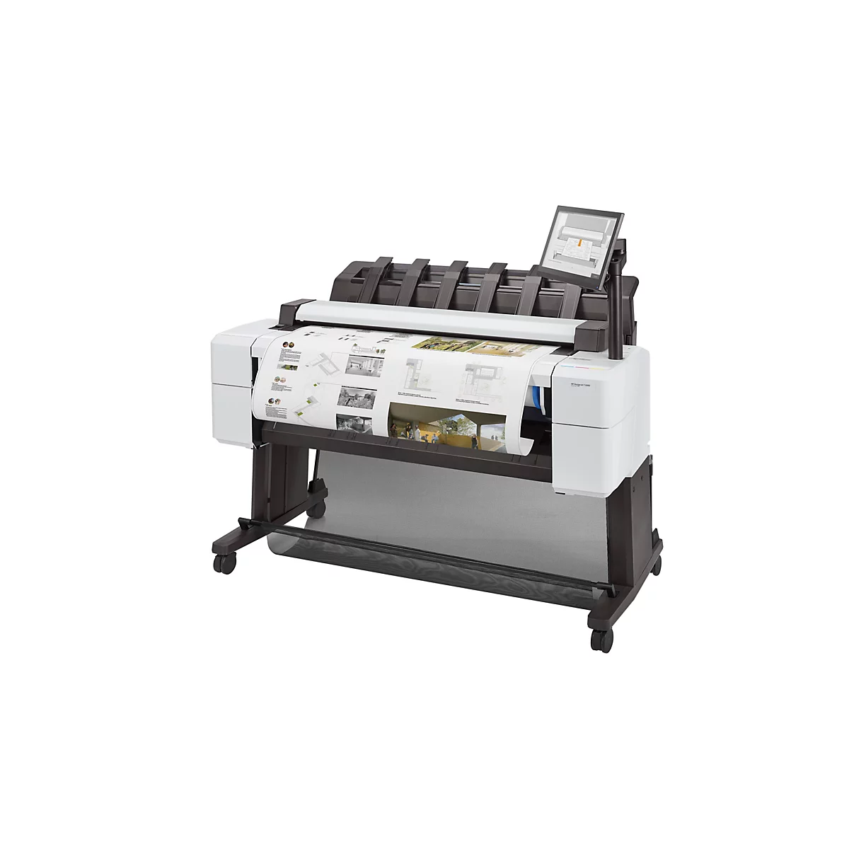 Großformatdrucker HP DesignJet T2600 mit ausgegebenem Architekturplan auf weißem Hintergrund.