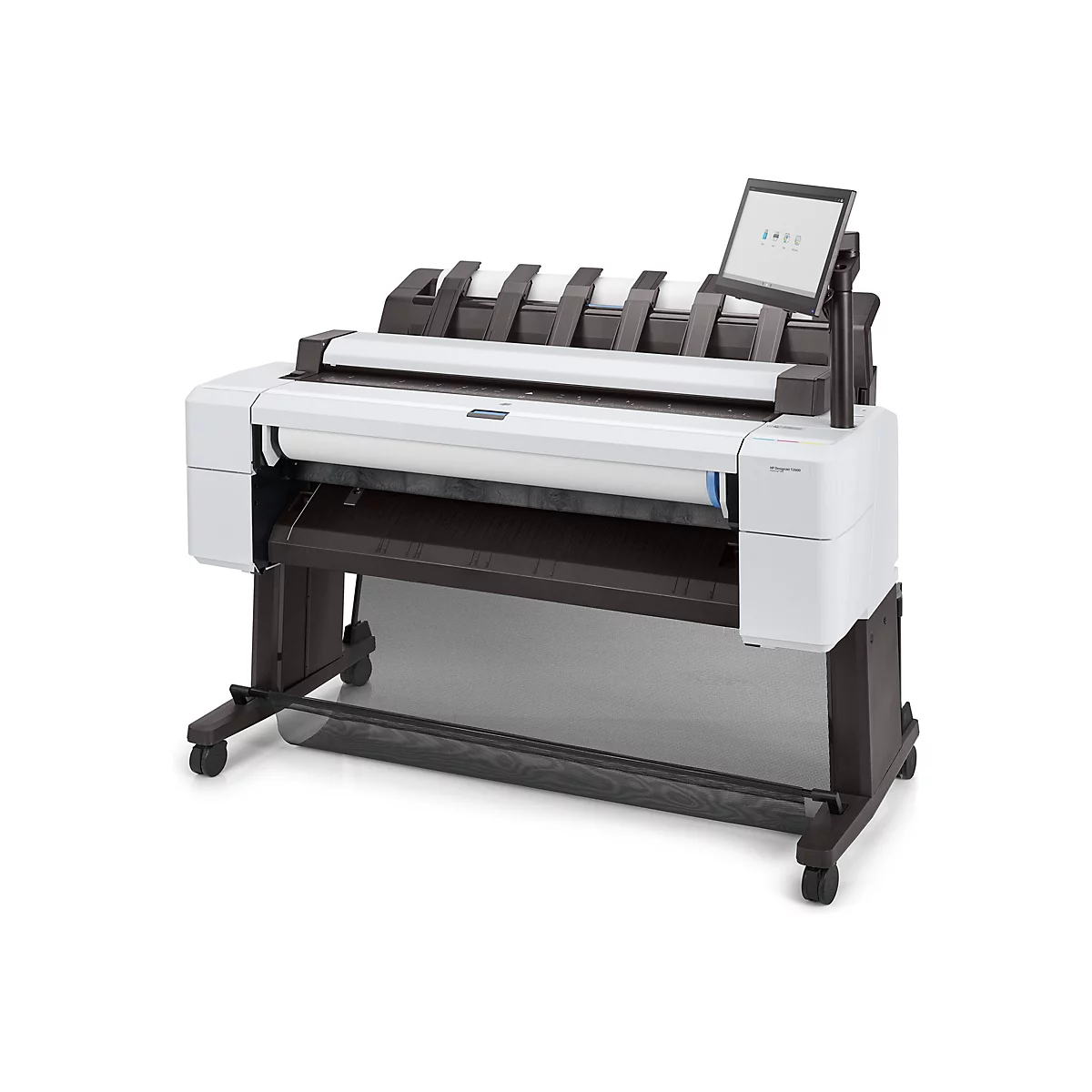 Großer weißer Drucker mit braunen Elementen und Touchscreen. Rollen Papier sind sichtbar.
