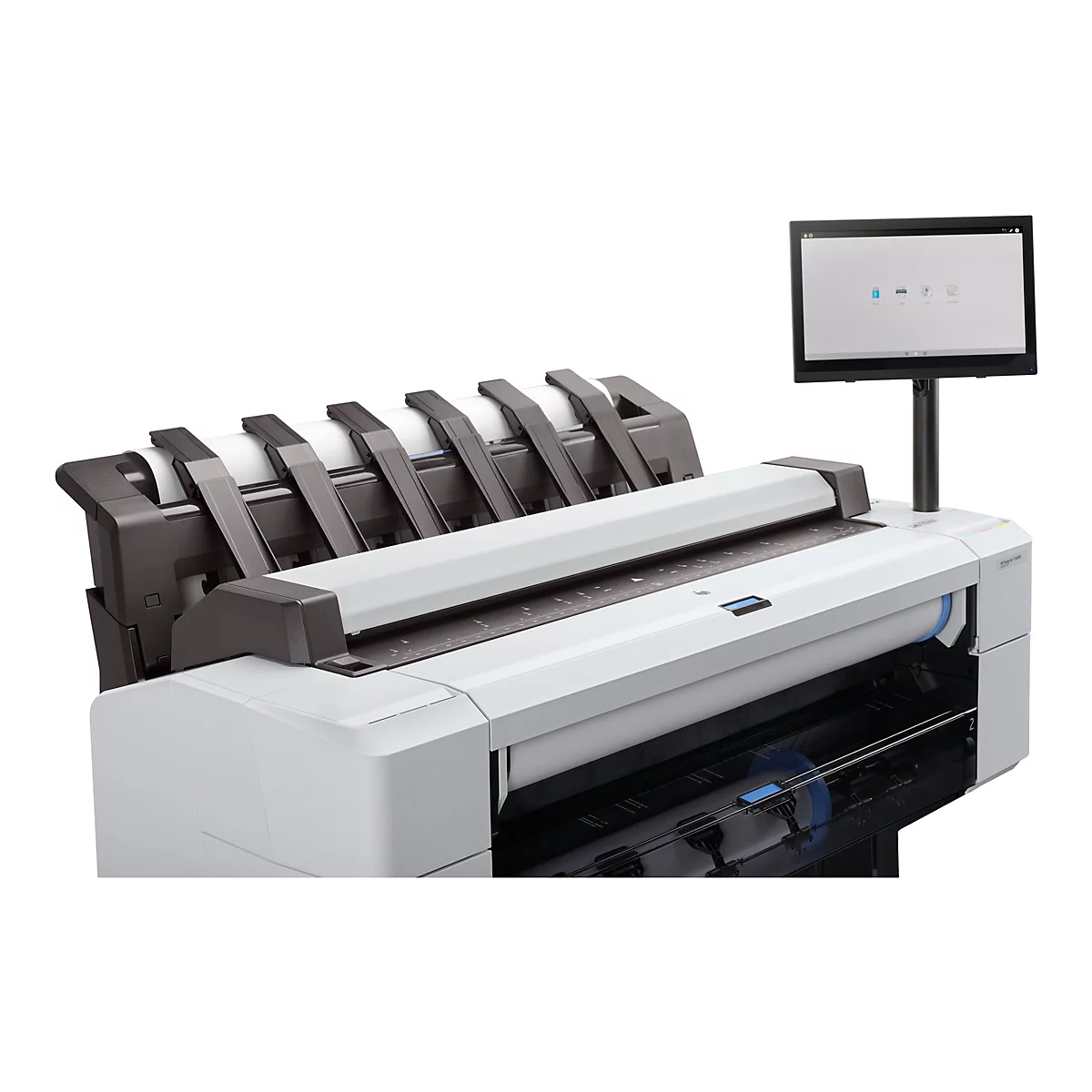 Großer weißer Drucker mit Touchscreen. Auf dem Bildschirm sind Optionen wie Drucken und Scannen zu sehen.