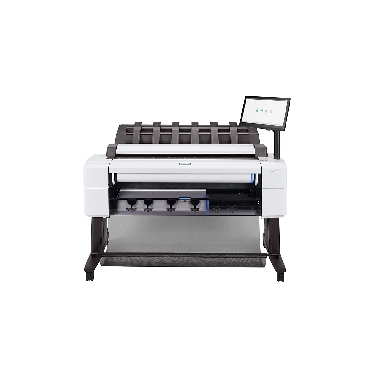 Ein grossformatiger Drucker, weiss und grau, mit Bildschirm und Rollen. Auf weissem Hintergrund.