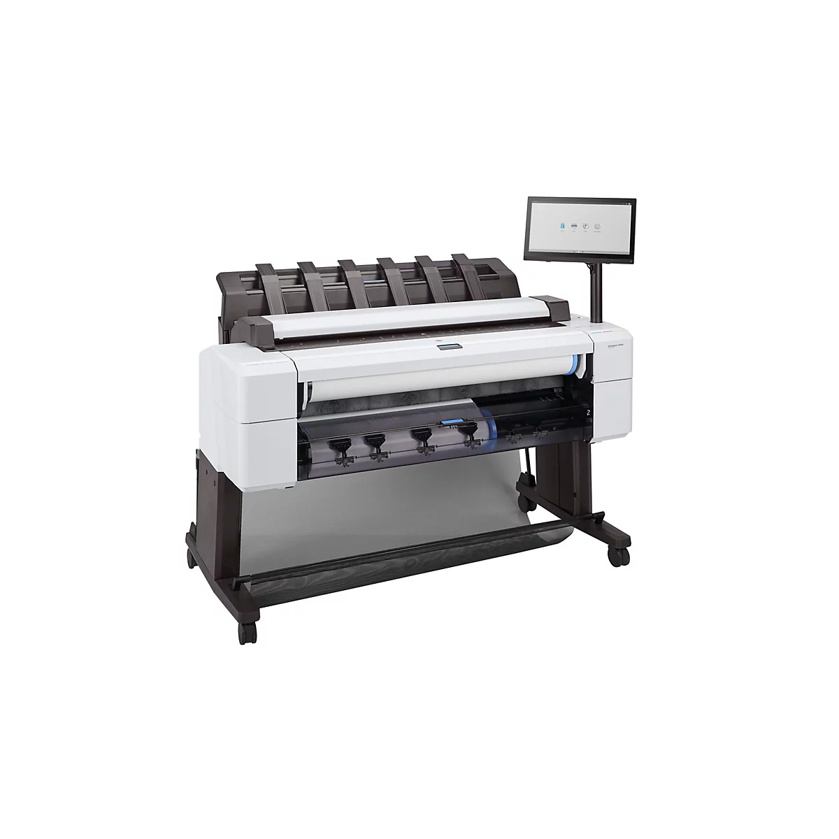 Ein grossformatiger Drucker, weiss und dunkelgrau, mit Touchscreen-Display. Der Drucker steht auf Rollen vor weissem Hintergrund.