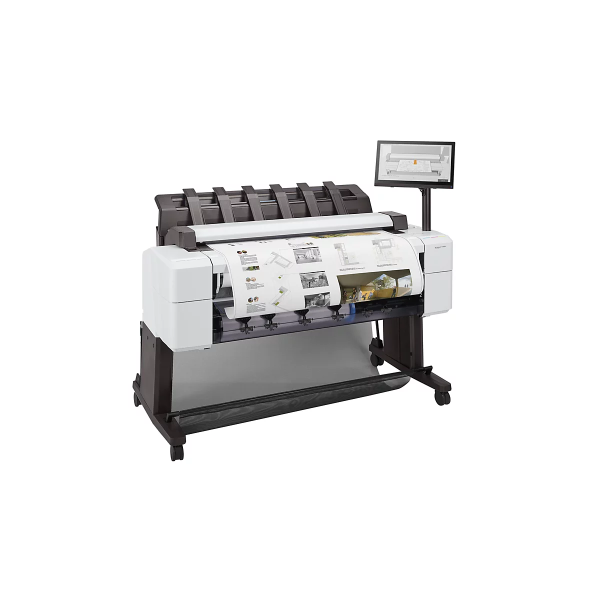 Großformatdrucker HP DesignJet auf Rollgestell mit Touchscreen-Monitor und bedrucktem Papier.