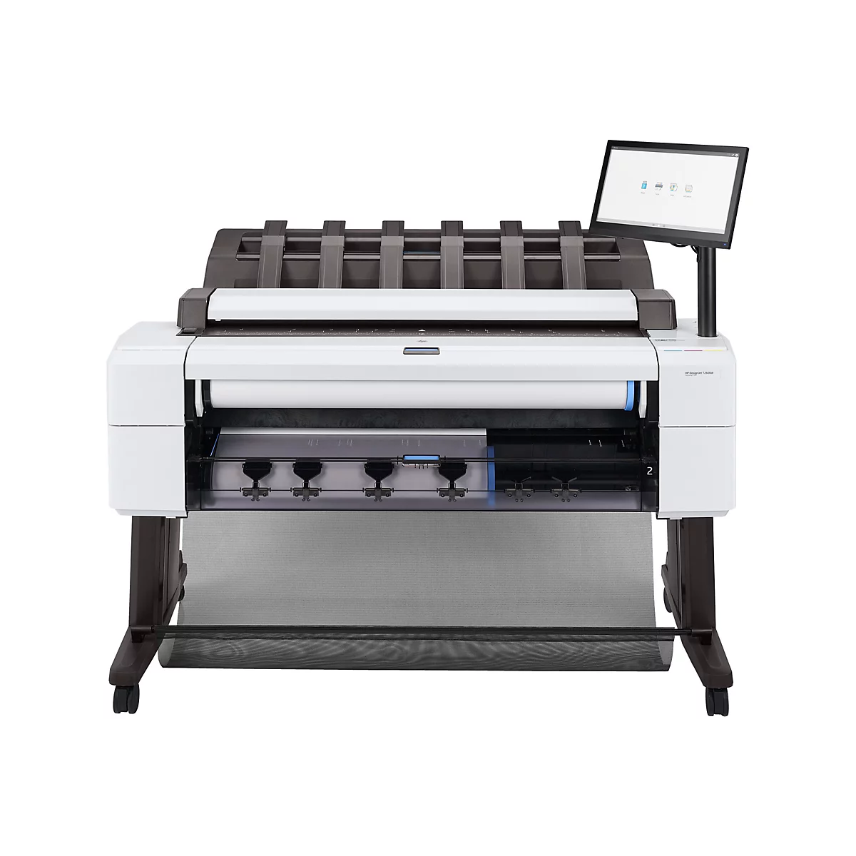 Eine weiße Großformatdruckmaschine mit einem schwarzen Bildschirm und Rollenfuß, auf weißem Hintergrund.