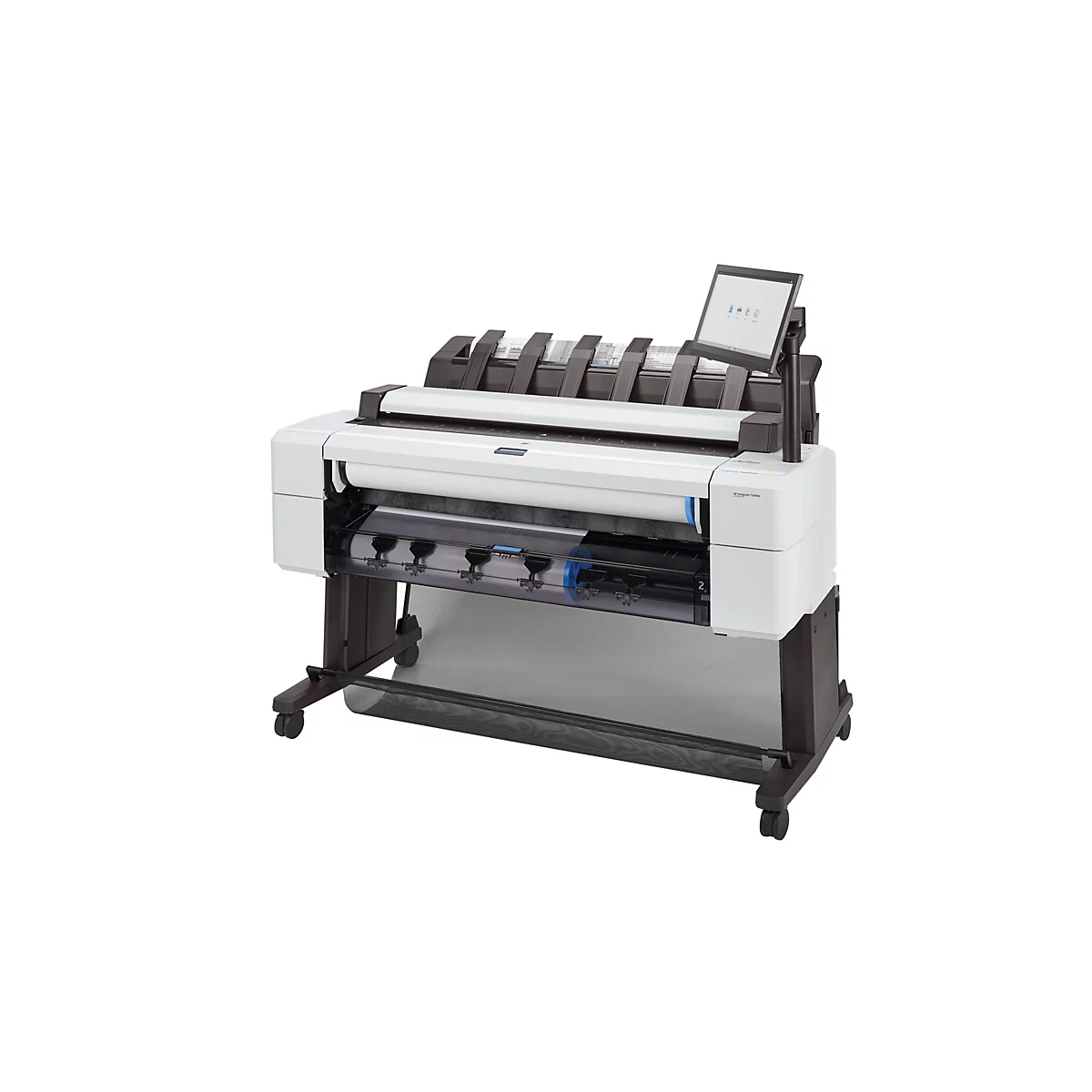 Großformatdrucker von HP in Weiß und Dunkelgrau vor weißem Hintergrund mit Touchscreen-Display.