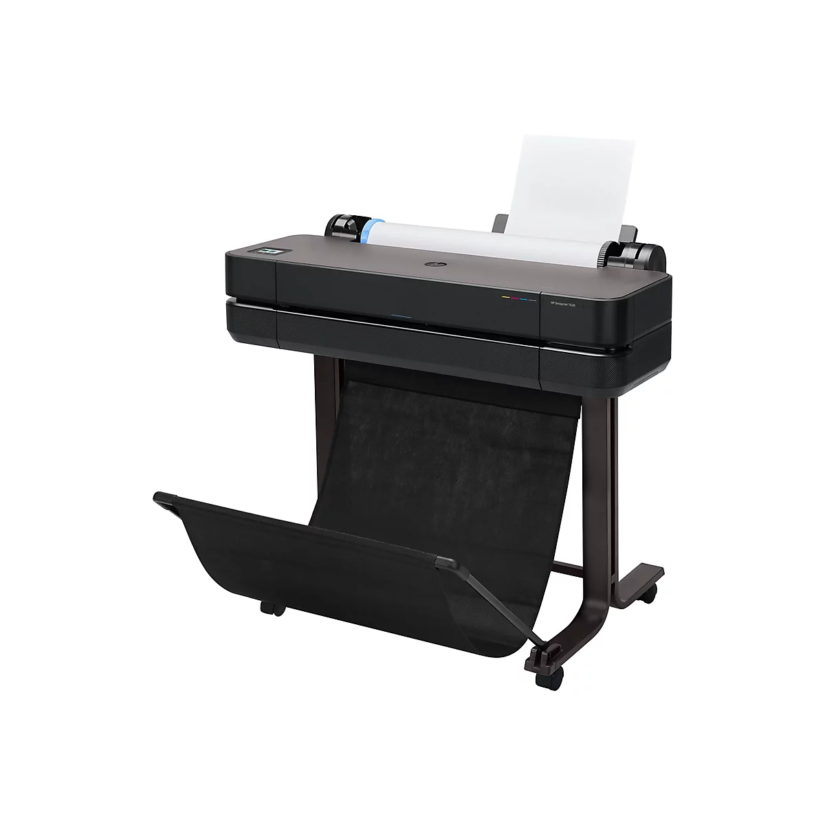 Schwarz-grauer Drucker mit weißem Papierausdruck. Auf Rollen an einem braunen Gestell. Aufschrift: HP DesignJet T630.
