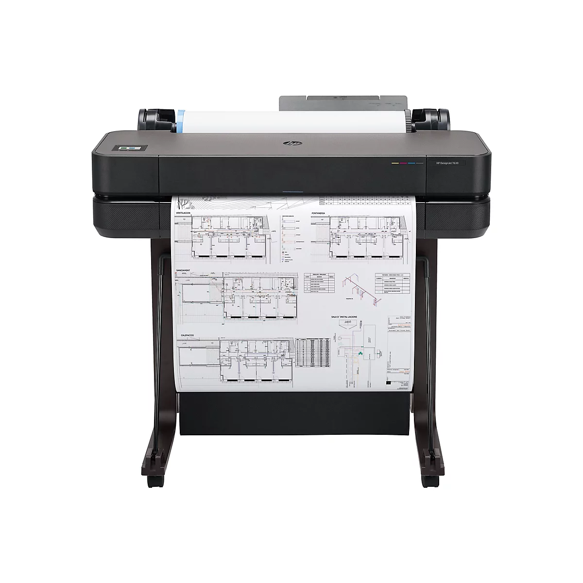 Ein schwarzer HP DesignJet T630 Drucker druckt einen Bauplan. Der Drucker steht auf einem braunen Gestell.