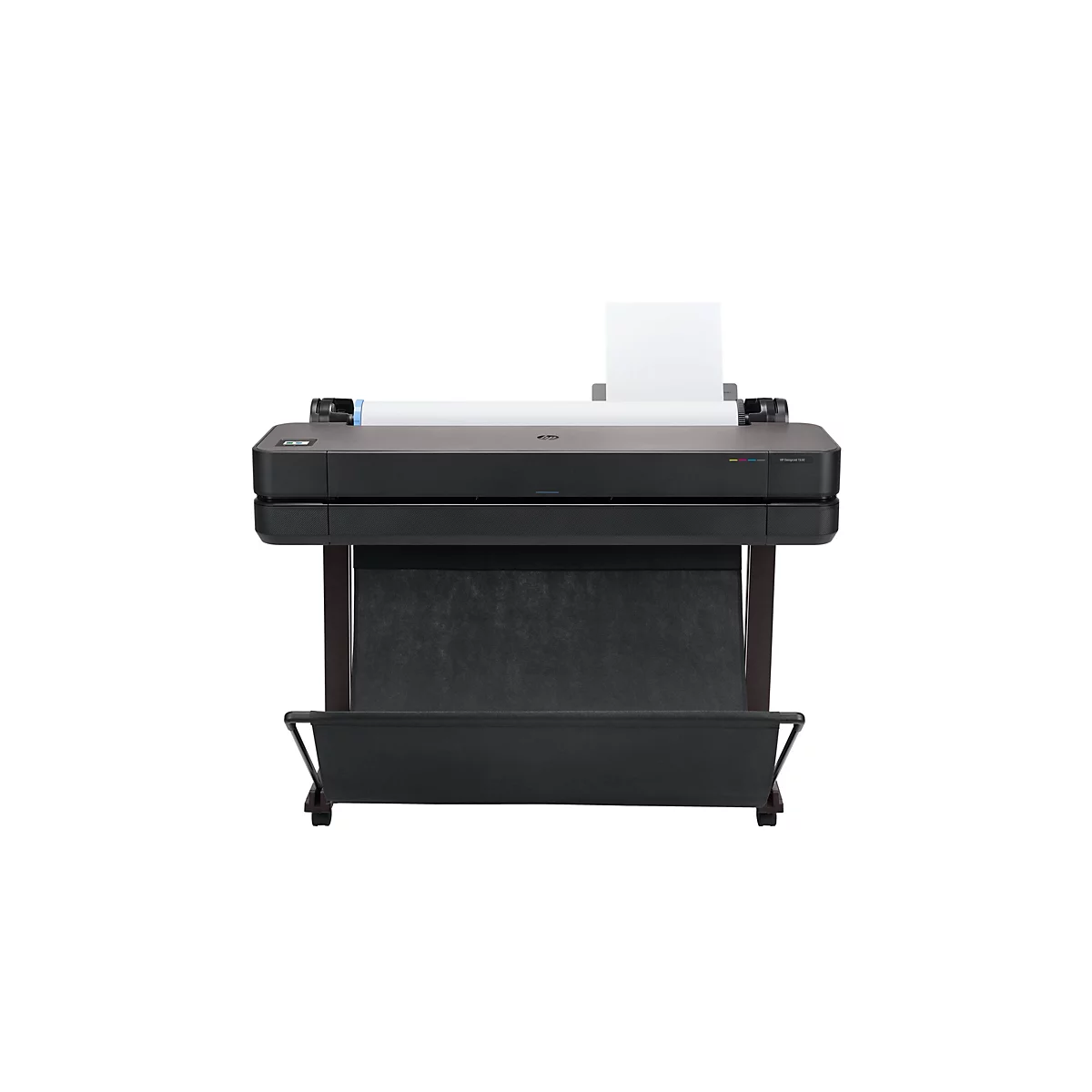 Ein großer, dunkler Drucker, HP Designjet T630, mit Papierausgabe nach oben und einem Auffangkorb unten. Steht vor weißem Hintergrund.