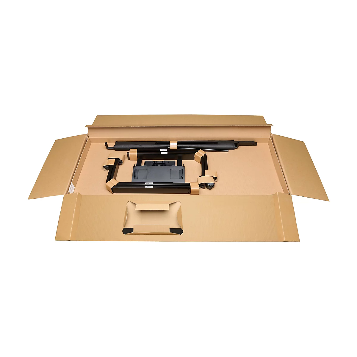 Geöffnete braune Kartonage mit verpackten schwarzen Metallteilen.