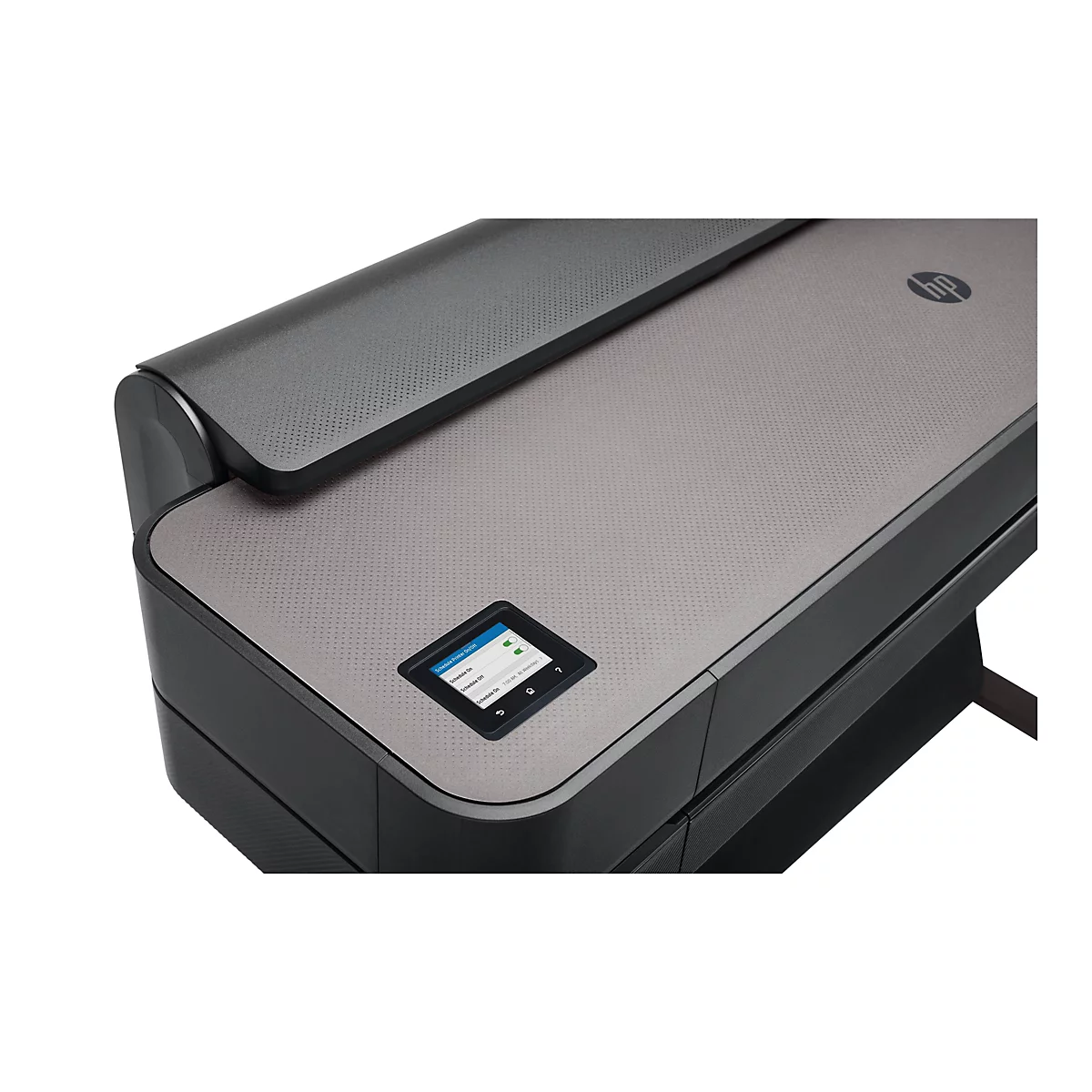 Grauer Drucker mit Bedienfeld, HP-Logo. Auf dem Bedienfeld wird die Option zum Ein- oder Ausschalten des Druckers angezeigt.