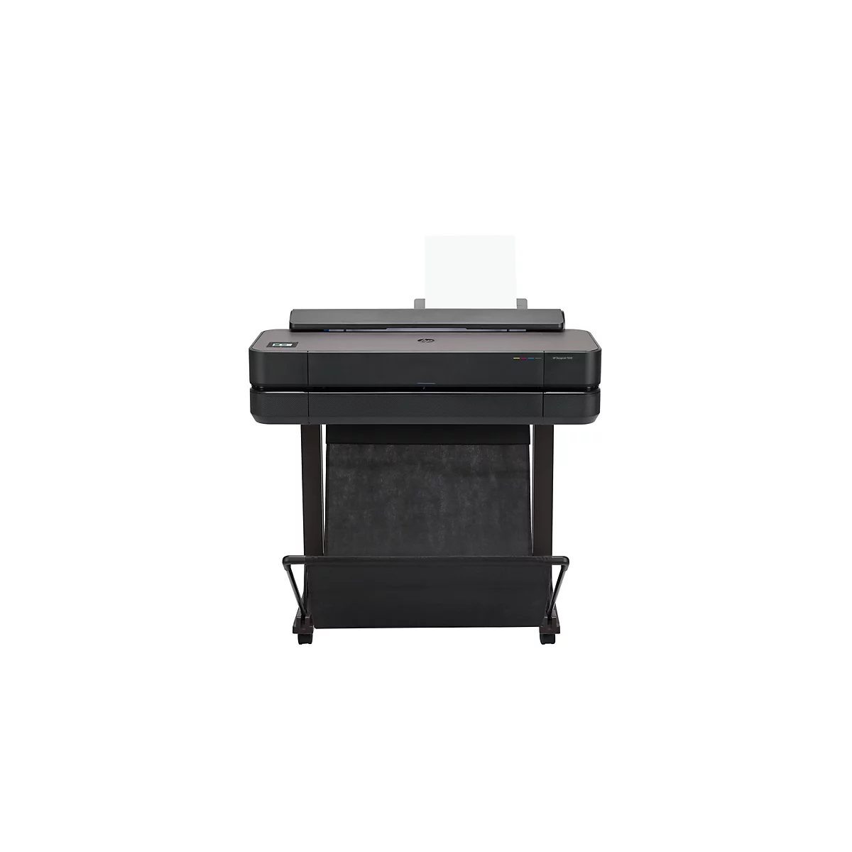 Schwarzer Großformatdrucker auf Rollen vor weißem Hintergrund. Oberhalb des Druckers befindet sich ein weißes Blatt Papier, das zum Herausnehmen von Ausdrucken dient. Auf dem Drucker steht „HP Designjet T650“.