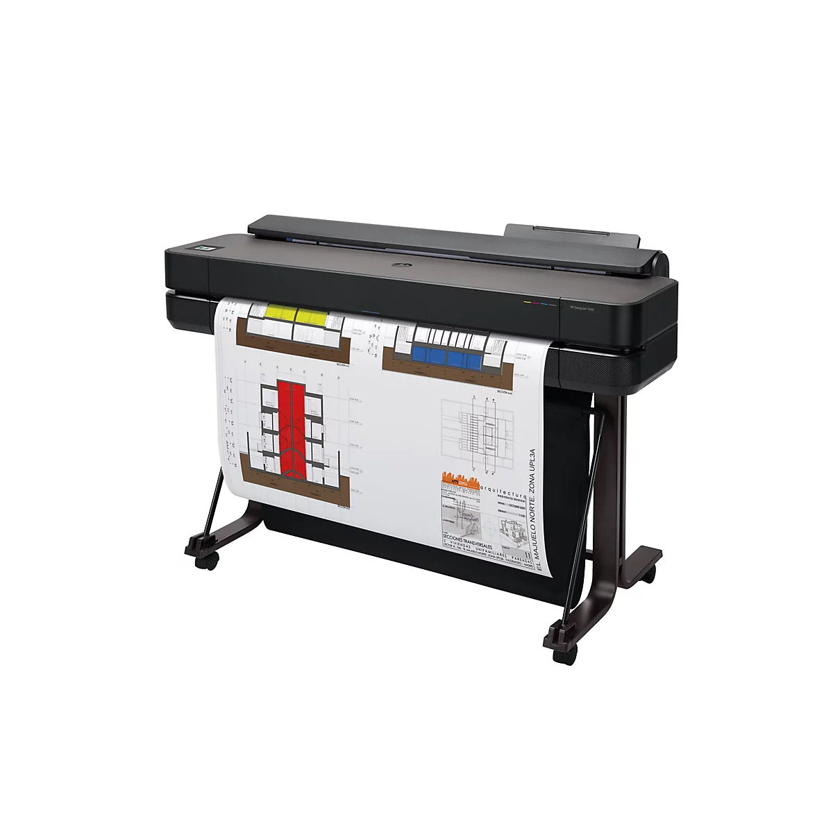 Ein großer, schwarzer HP DesignJet T650 Großformatdrucker mit einem Architektenplan, der aus der Maschine kommt. Der Plan zeigt Grundrisse und Beschriftungen.