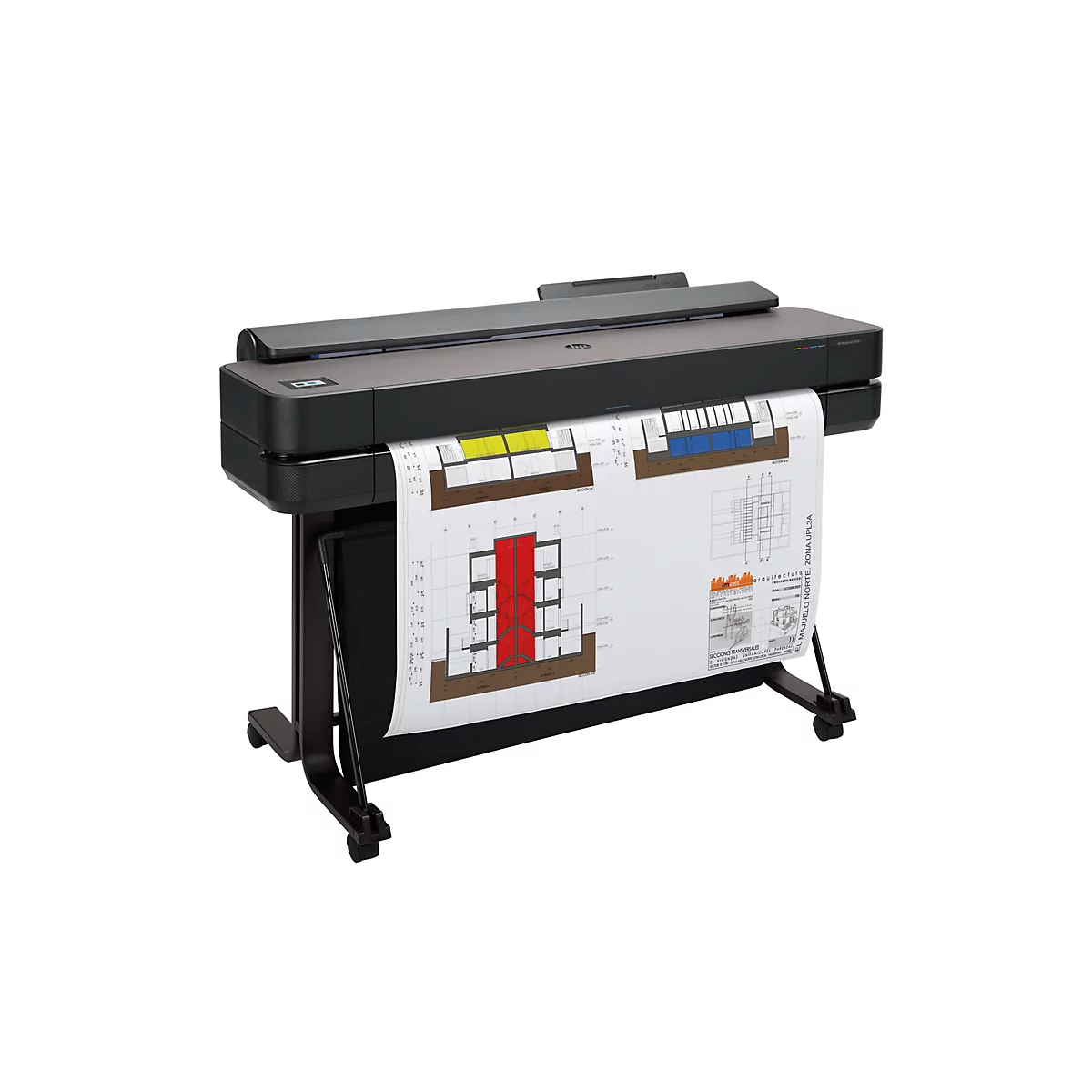 Ein großer, dunkler Plotter druckt eine Architekturzeichnung. Die Zeichnung zeigt Grundrisse mit farbigen Markierungen und Schrift. Der Plotter steht auf einem Ständer mit Rollen.