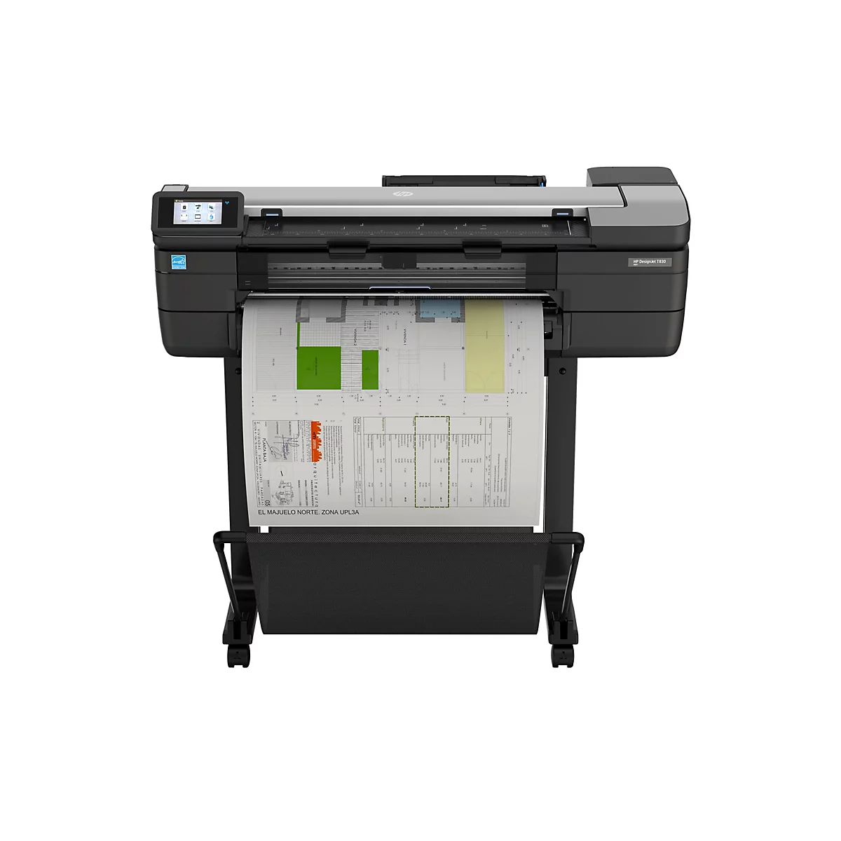 Großer HP DesignJet T830-Drucker, der ein Bauplanpapier druckt. Schwarzes Gehäuse, graue Oberseite, farbiges Touchdisplay, Papierausgabefach.