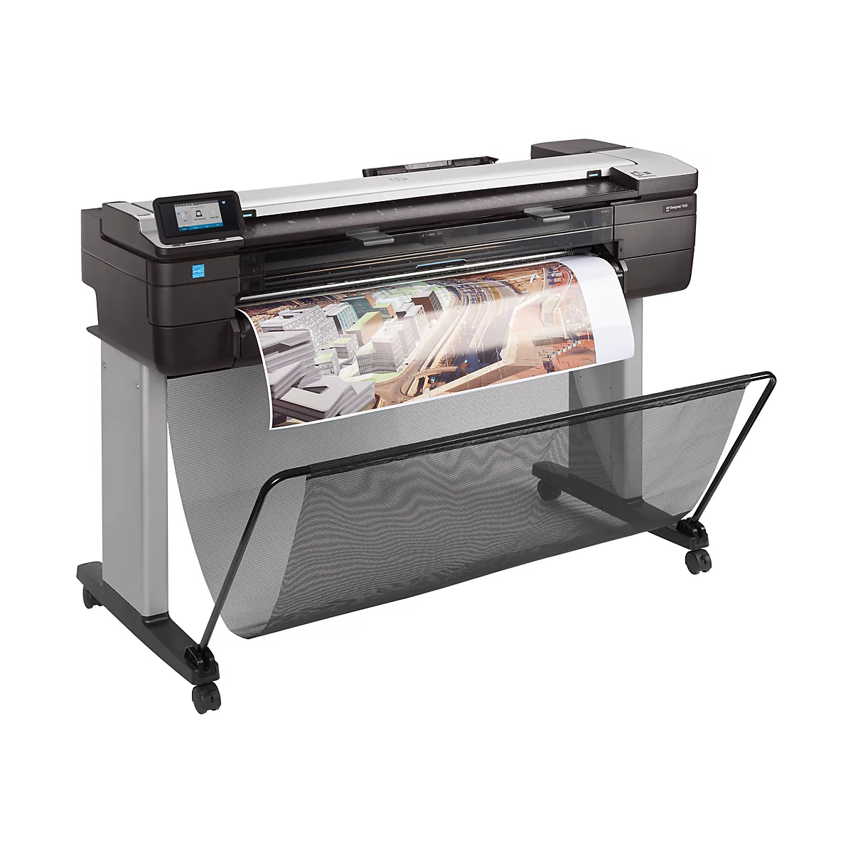 GroÃŸer Drucker im Querformat, druckt ein Bild aus, mit Auffangkorb fÃ¼r Papier.
