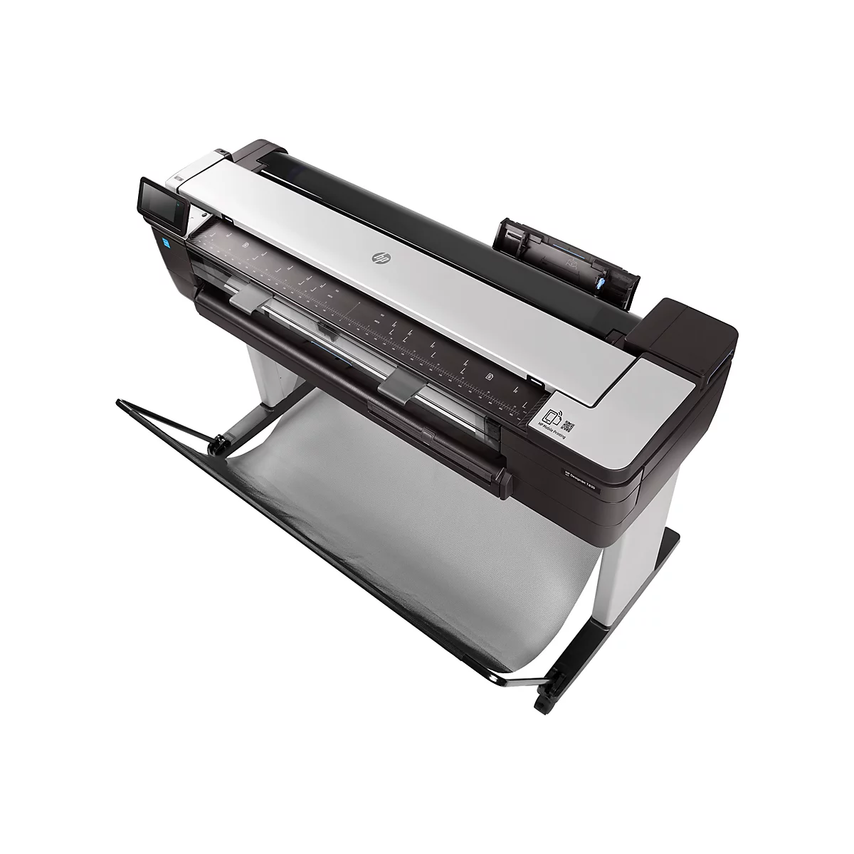 GroÃŸformatdrucker mit Papierausgabefach. Schwarz-silbernes Design, weiÃŸer Hintergrund.