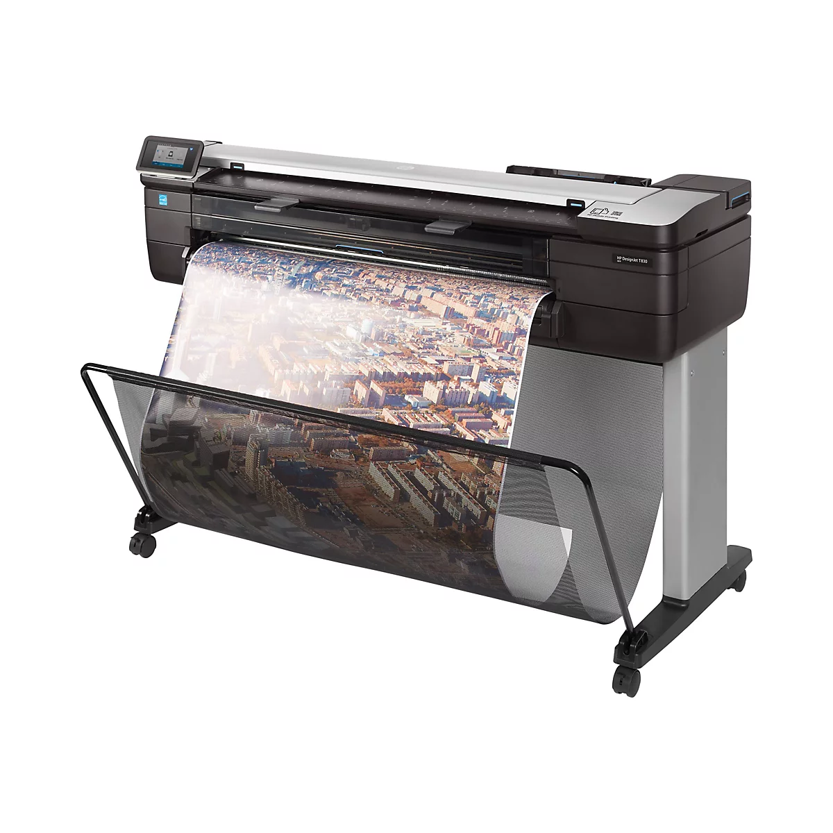 GroÃŸer Drucker mit ausgedrucktem Foto. Schwarze und silberne Farben, das Papier wird in einer Halterung aufgefangen.