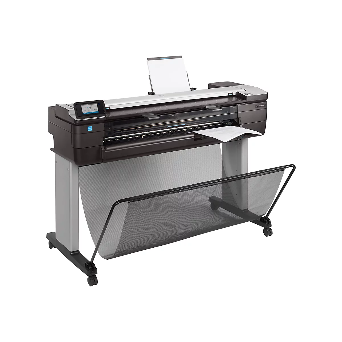 Schwarzer GroÃŸformatdrucker mit eingelegtem Papier. Das GerÃ¤t steht auf Rollen.