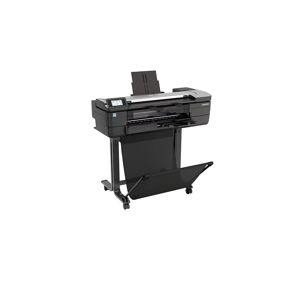 Großer, schwarzer HP Designjet T1600 Großformatdrucker. Auf Rollen, mit Bedienfeld und Papierauswurf. Vor weißem Hintergrund.