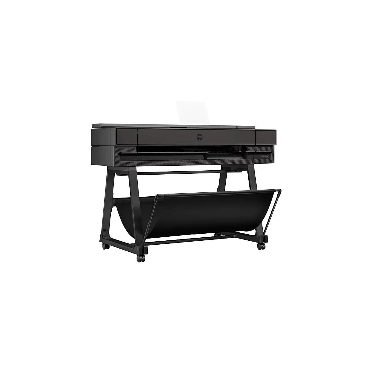 Schwarzer HP DesignJet T850 Großformatdrucker mit Papierauswurf, auf schwarzem Standfuß mit Rollen, vor weißem Hintergrund.